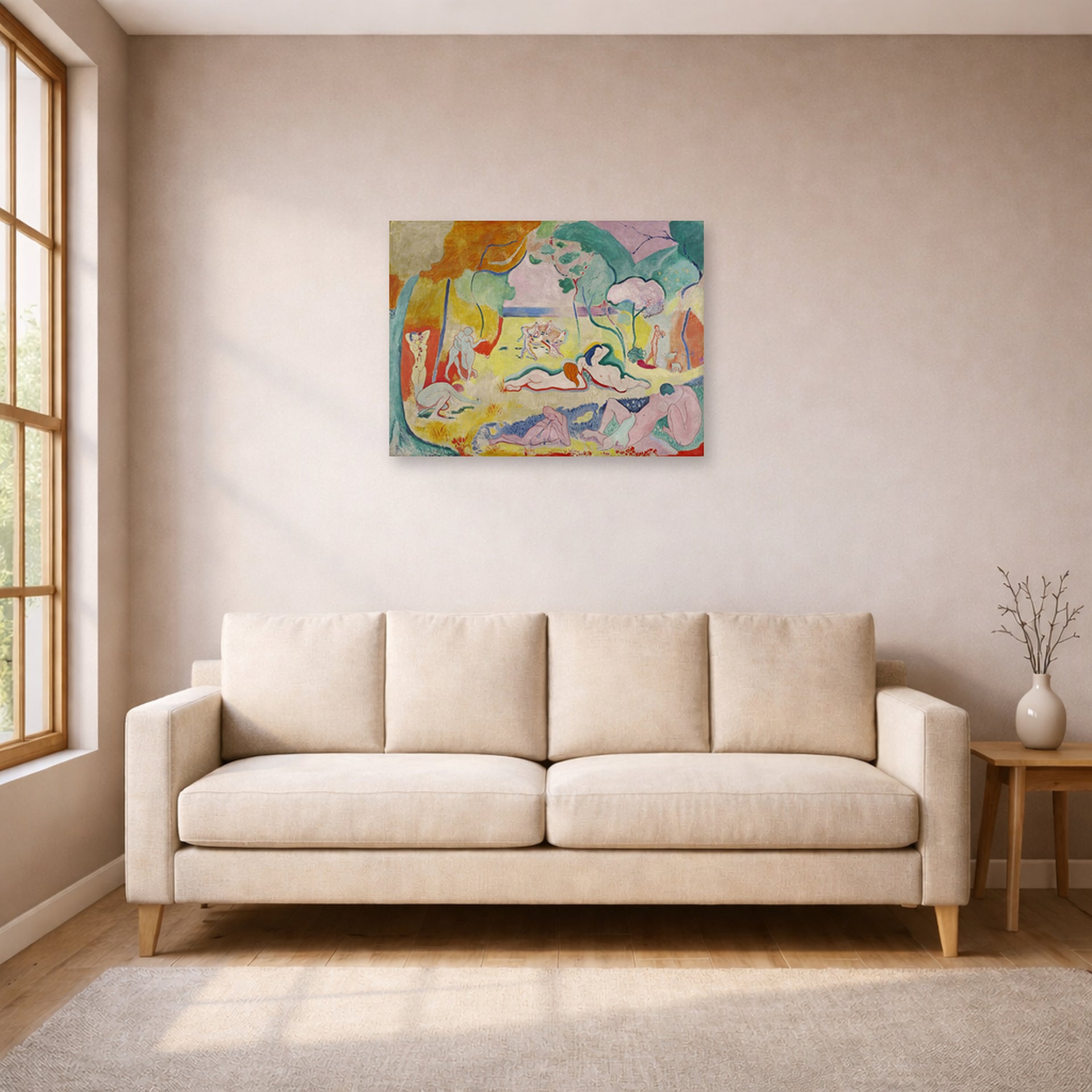 Unframed poster print of Henri Matisse's The Joy of Life displayed in a living room, view 1