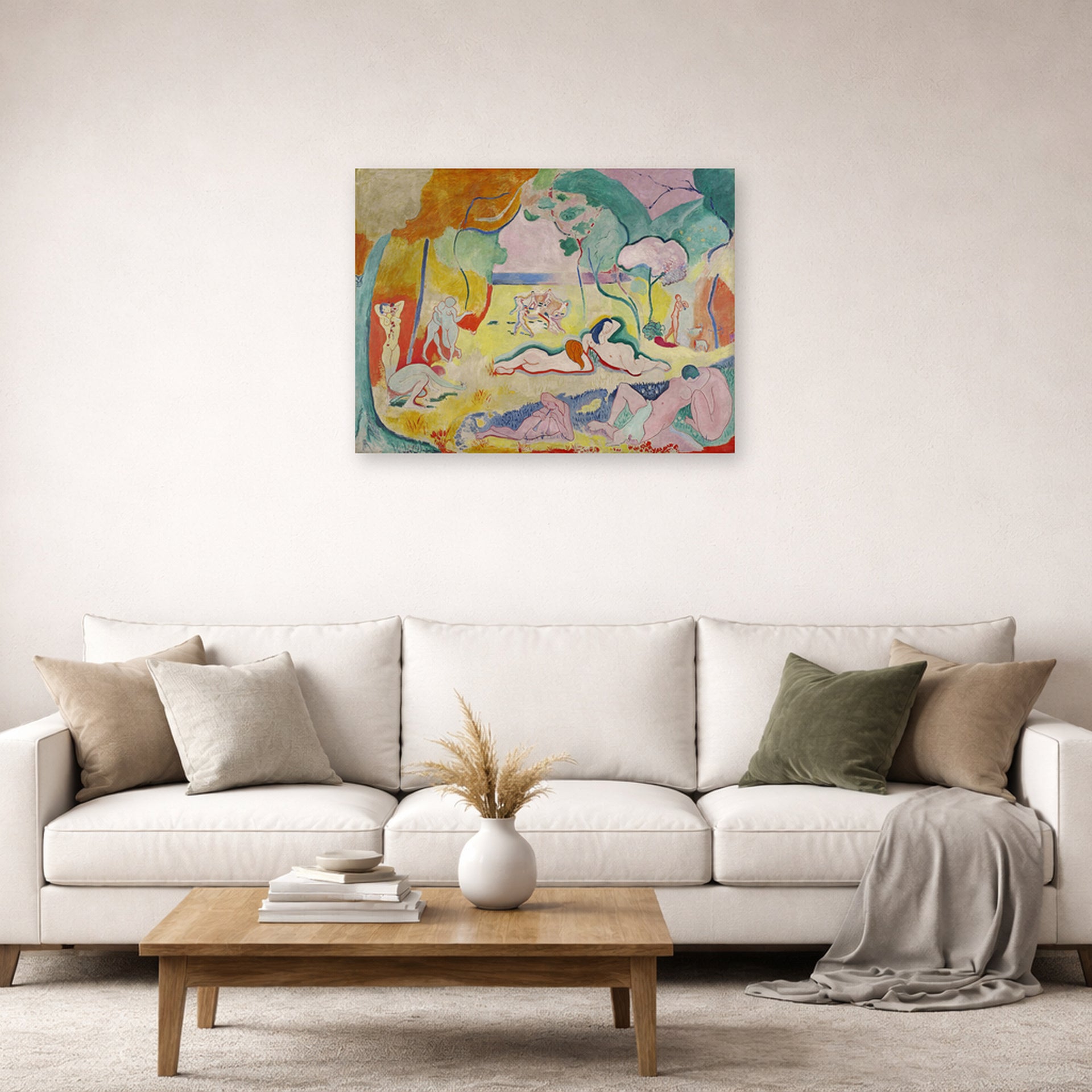 Unframed poster print of Henri Matisse's The Joy of Life displayed in a living room, view 2