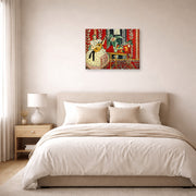 Gallery-wrapped canvas print of Henri Matisse's The Lute hanging above a bed in a bedroom