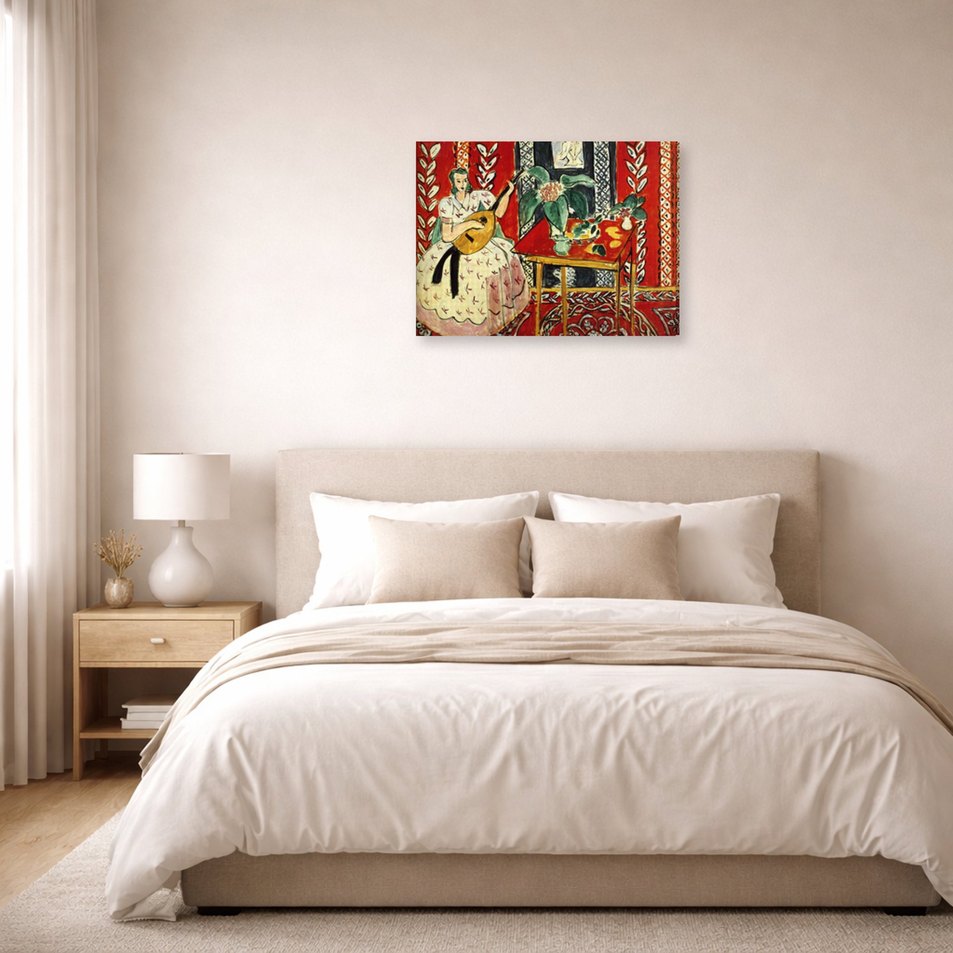 Gallery-wrapped canvas print of Henri Matisse's The Lute hanging above a bed in a bedroom