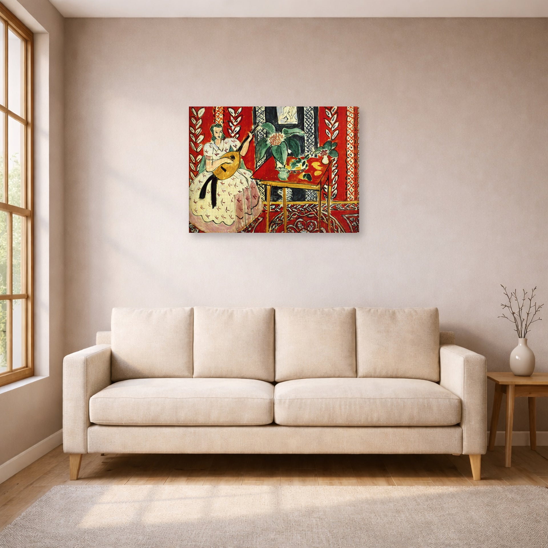 Gallery-wrapped canvas print of Henri Matisse's The Lute hanging in a living room, view 1