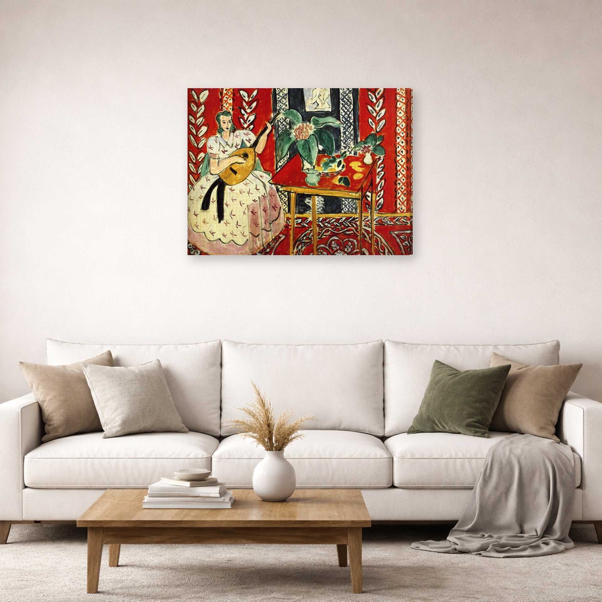 Gallery-wrapped canvas print of Henri Matisse's The Lute hanging in a living room, view 2