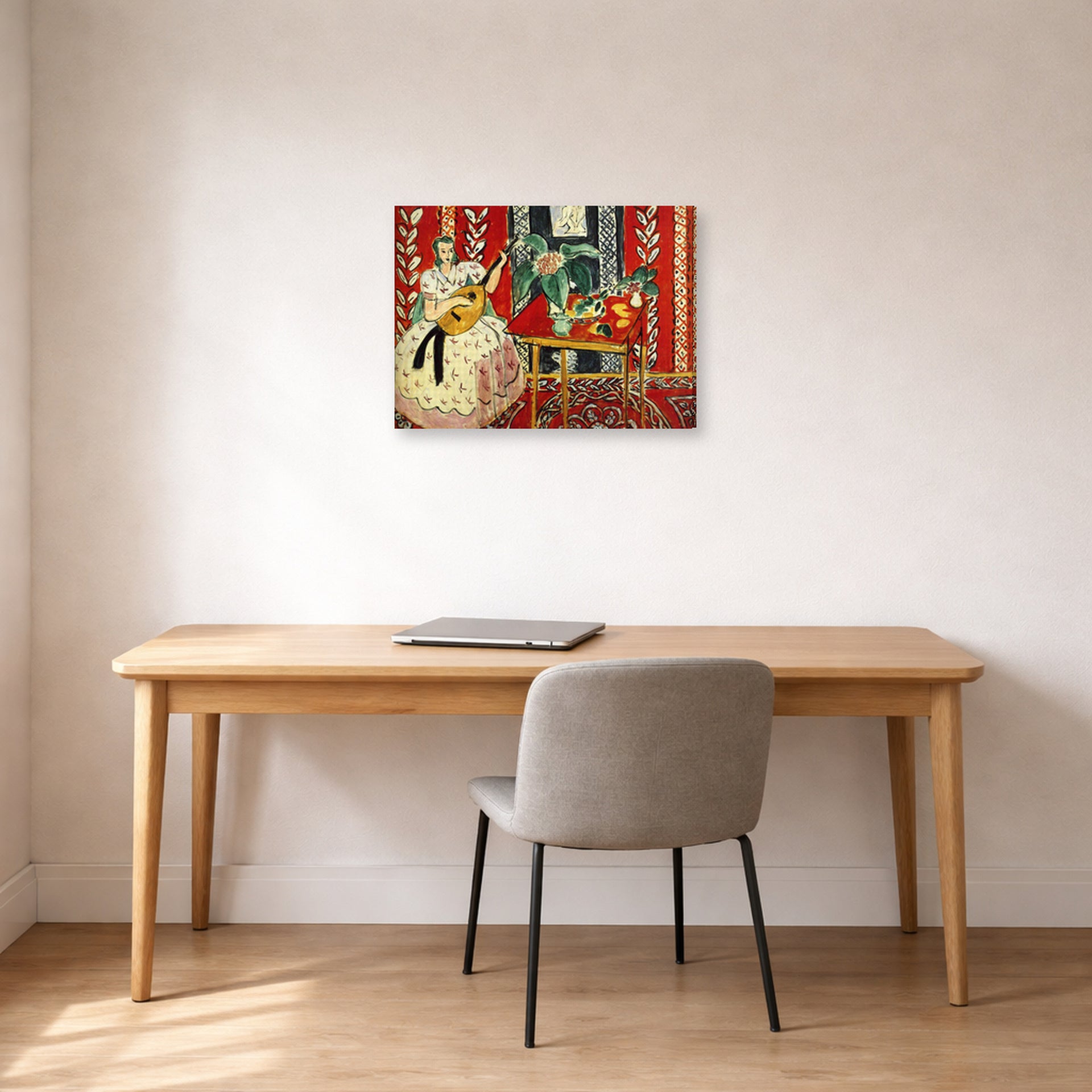 Gallery-wrapped canvas print of Henri Matisse's The Lute hanging in a home office