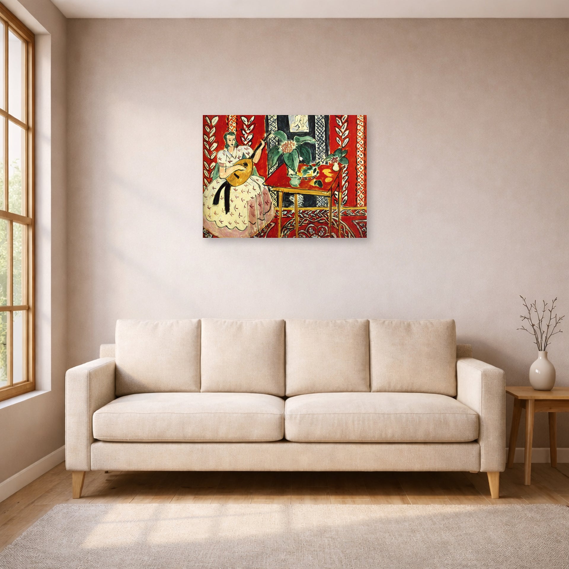 Unframed poster print of Henri Matisse's The Lute displayed in a living room, view 1