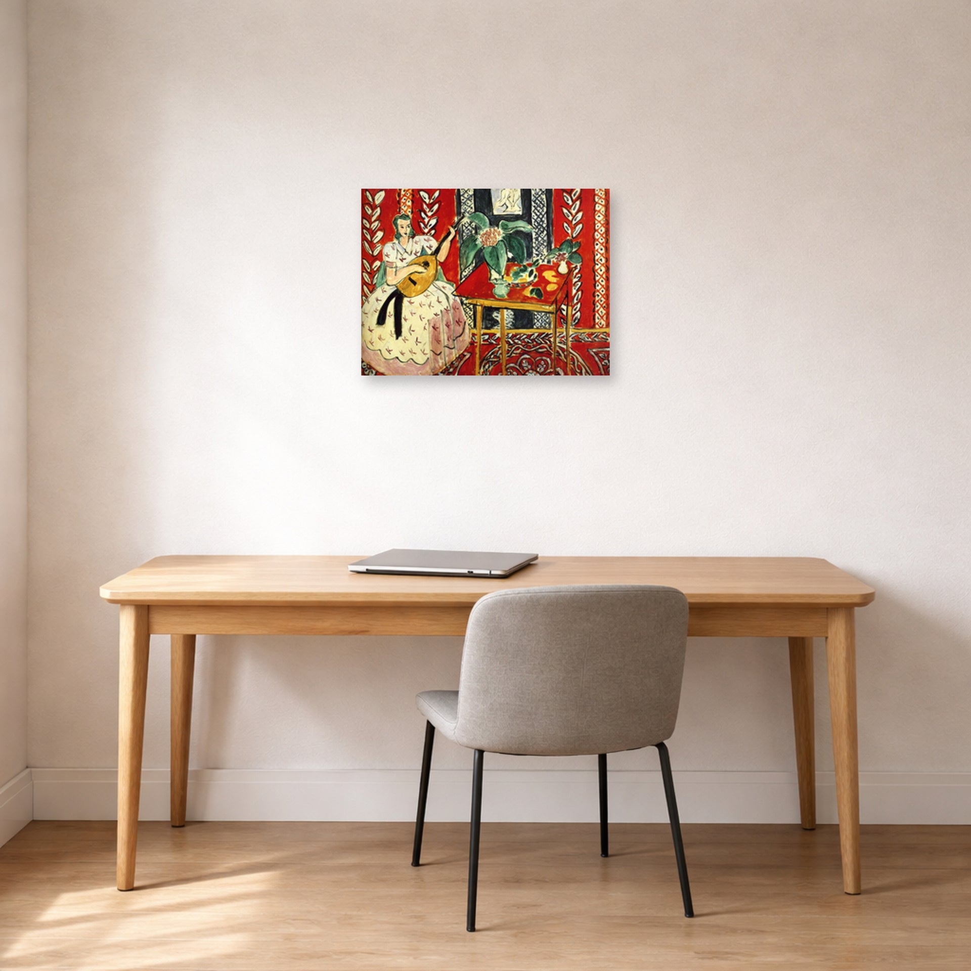 Unframed poster print of Henri Matisse's The Lute displayed in a home office