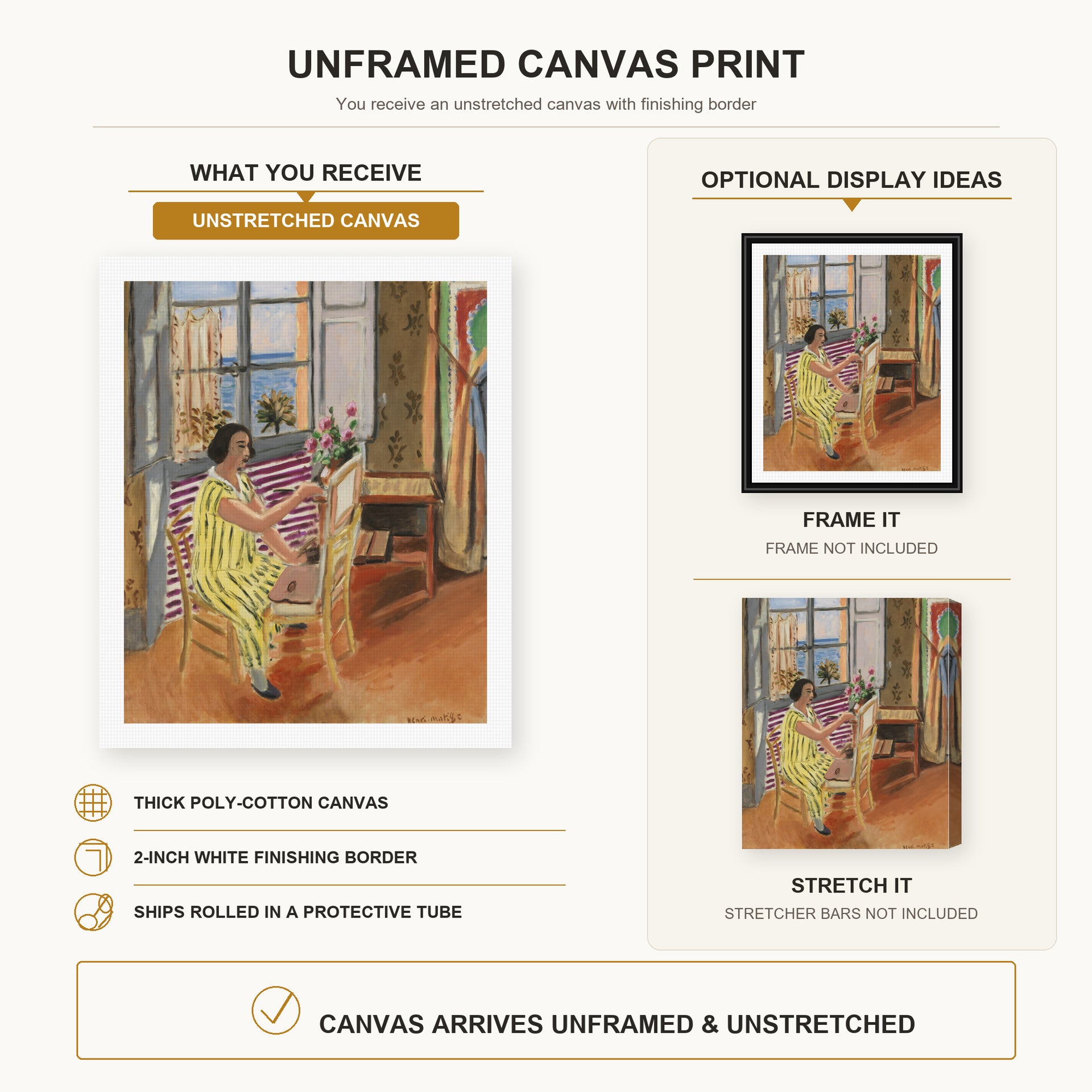 Henri Matisse - The Morning Session canvas print size comparison and framing display infographic