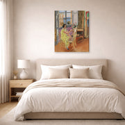Gallery-wrapped canvas print of Henri Matisse's The Morning Session hanging above a bed in a bedroom