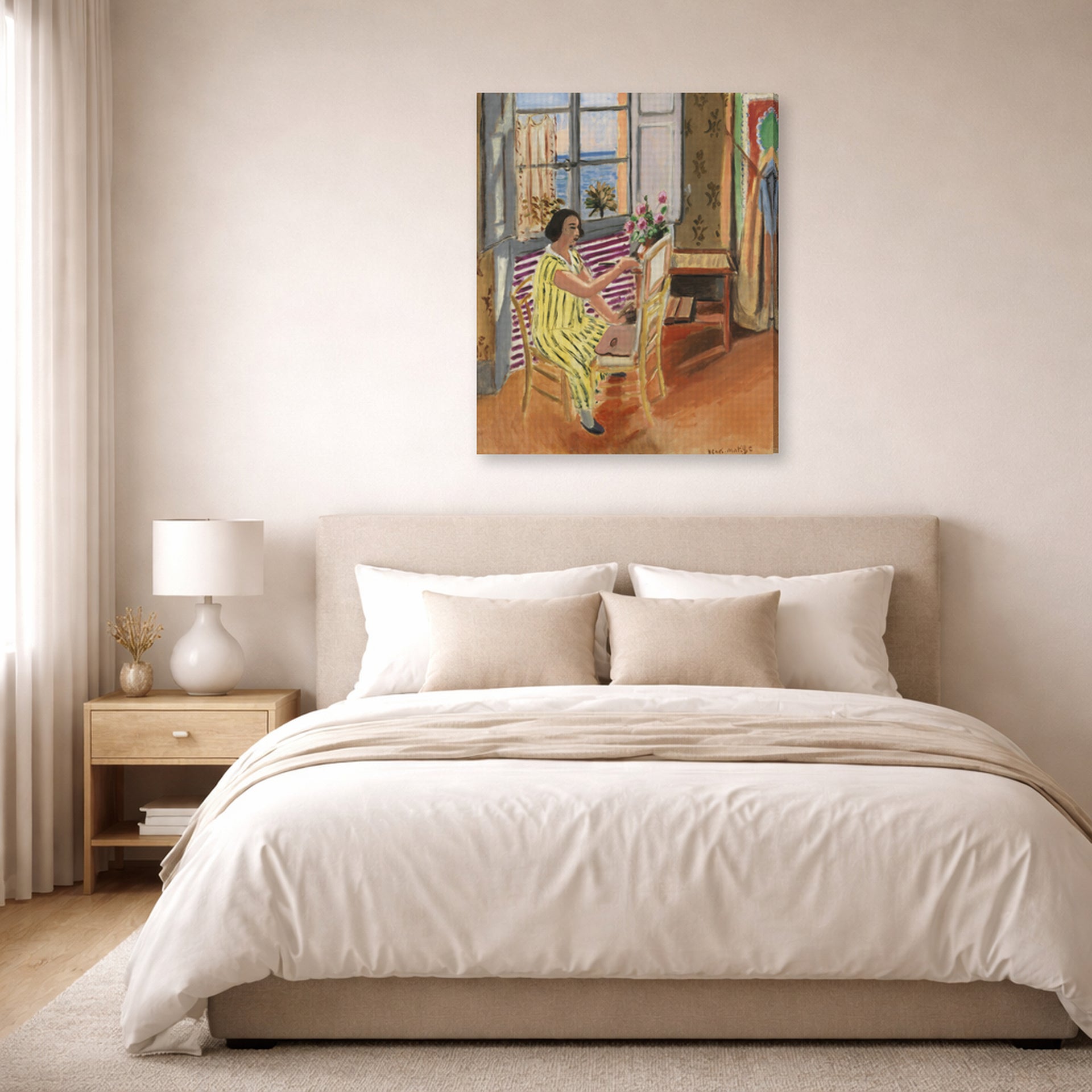 Gallery-wrapped canvas print of Henri Matisse's The Morning Session hanging above a bed in a bedroom