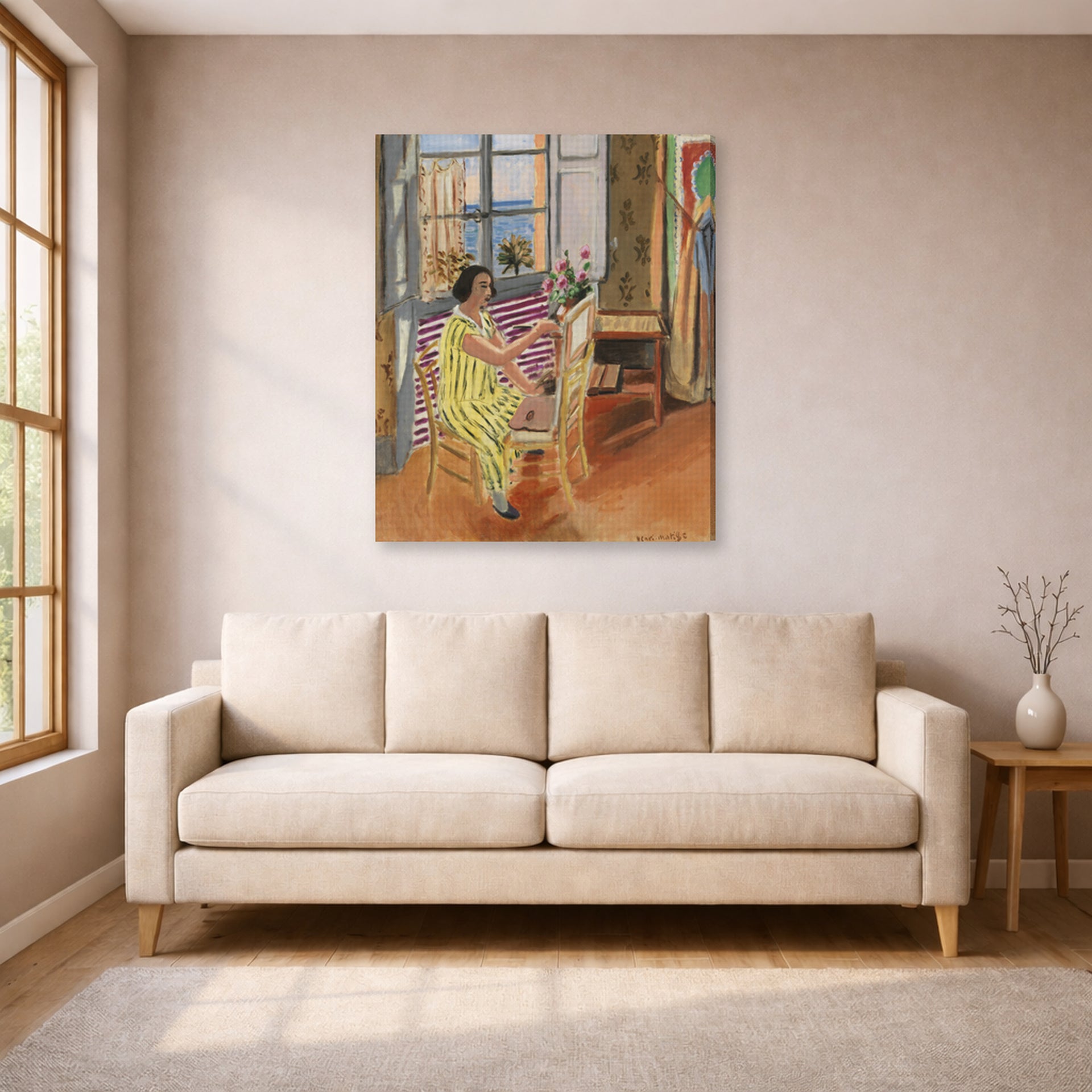 Gallery-wrapped canvas print of Henri Matisse's The Morning Session hanging in a living room, view 1