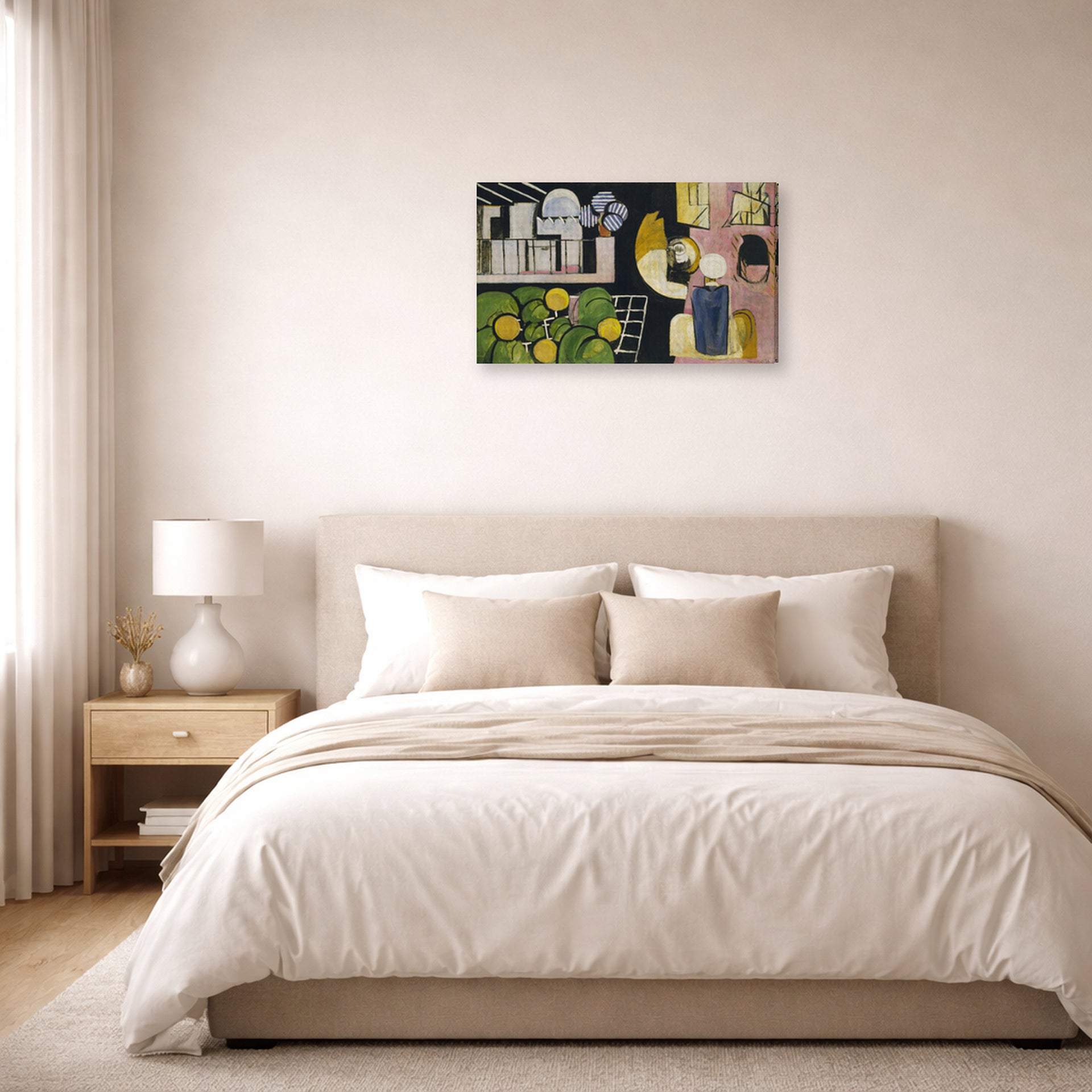 Gallery-wrapped canvas print of Henri Matisse's The Moroccans hanging above a bed in a bedroom