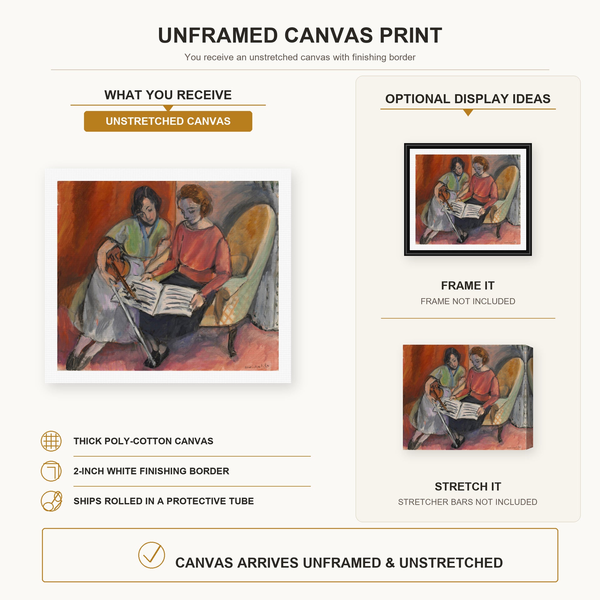 Henri Matisse - The Music Lesson, Two Women Seated on a Divan canvas print size comparison and framing display infographic