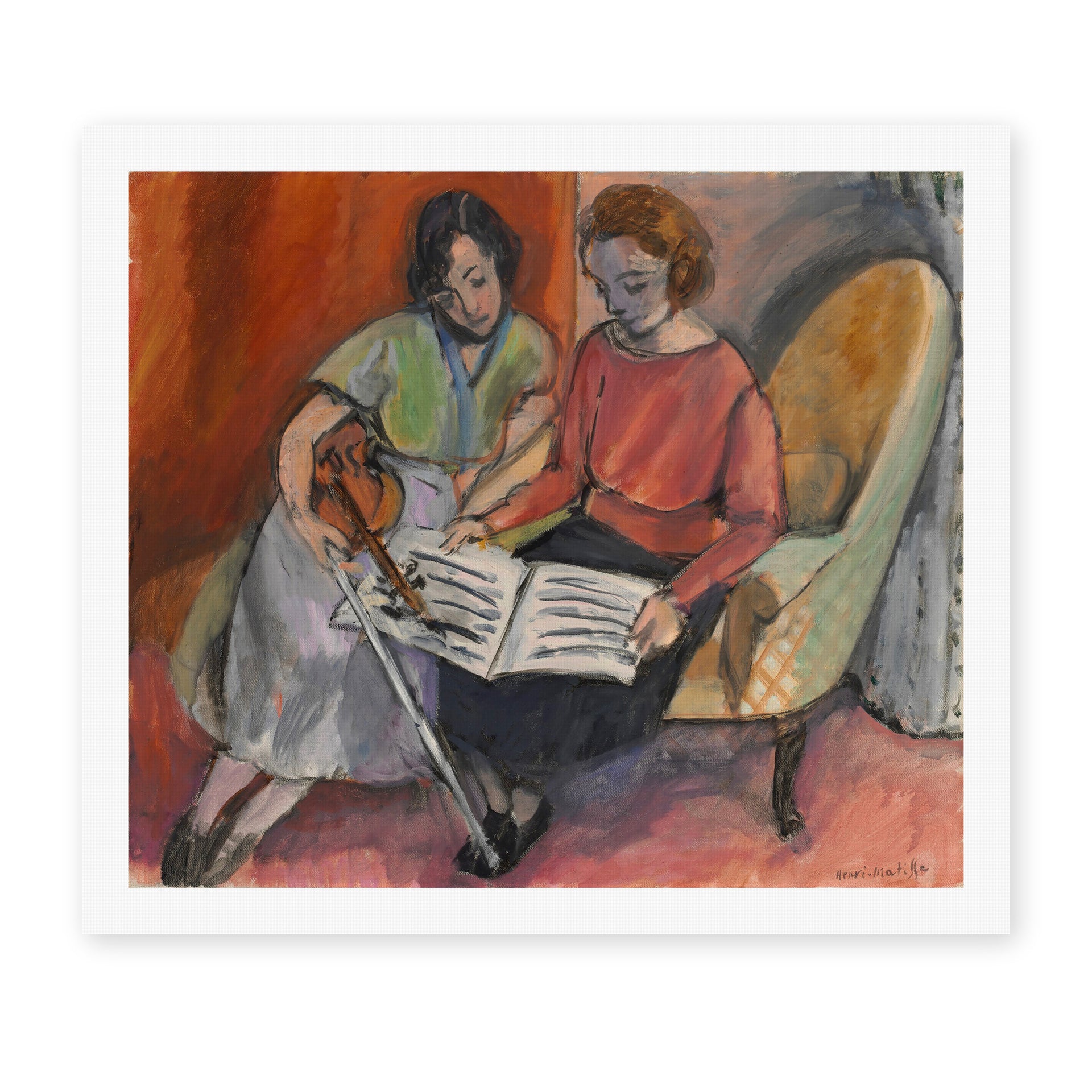 Henri Matisse's The Music Lesson, Two Women Seated on a Divan painting reproduced as a rolled canvas print