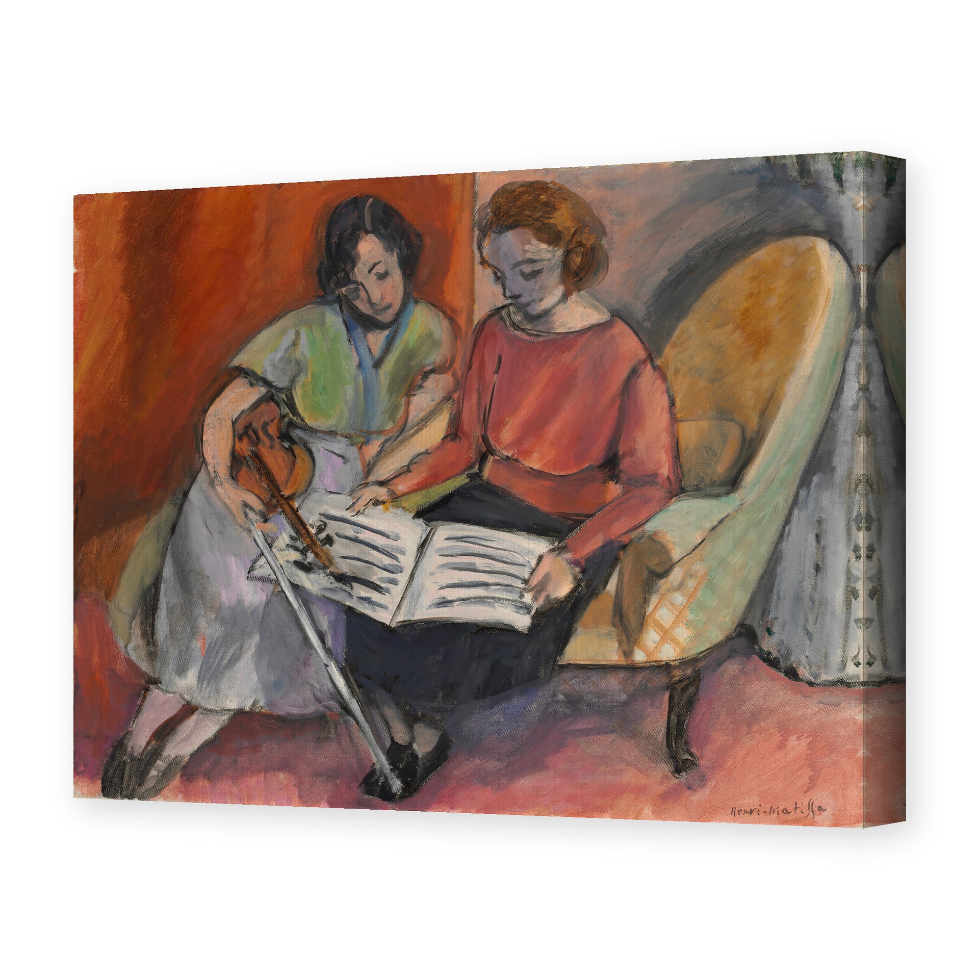 Henri Matisse's The Music Lesson, Two Women Seated on a Divan painting reproduced as a gallery-wrapped canvas print