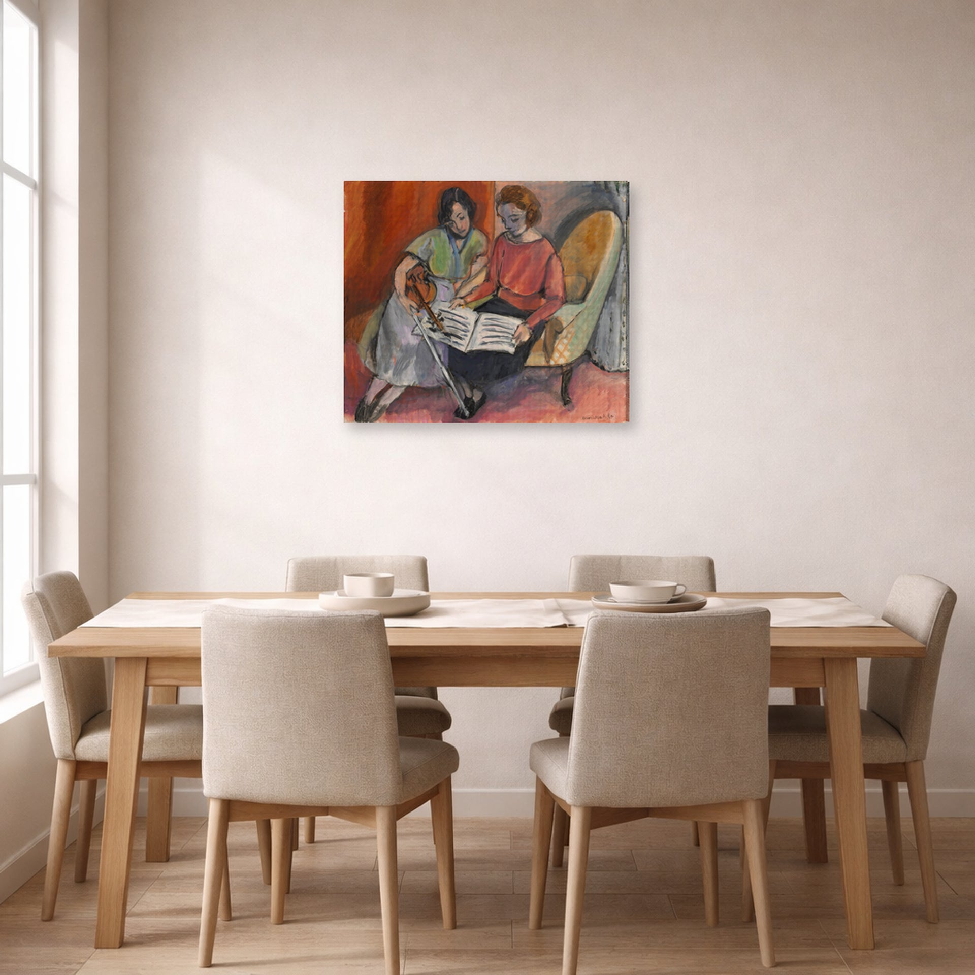 Gallery-wrapped canvas print of Henri Matisse's The Music Lesson, Two Women Seated on a Divan hanging on a dining room wall