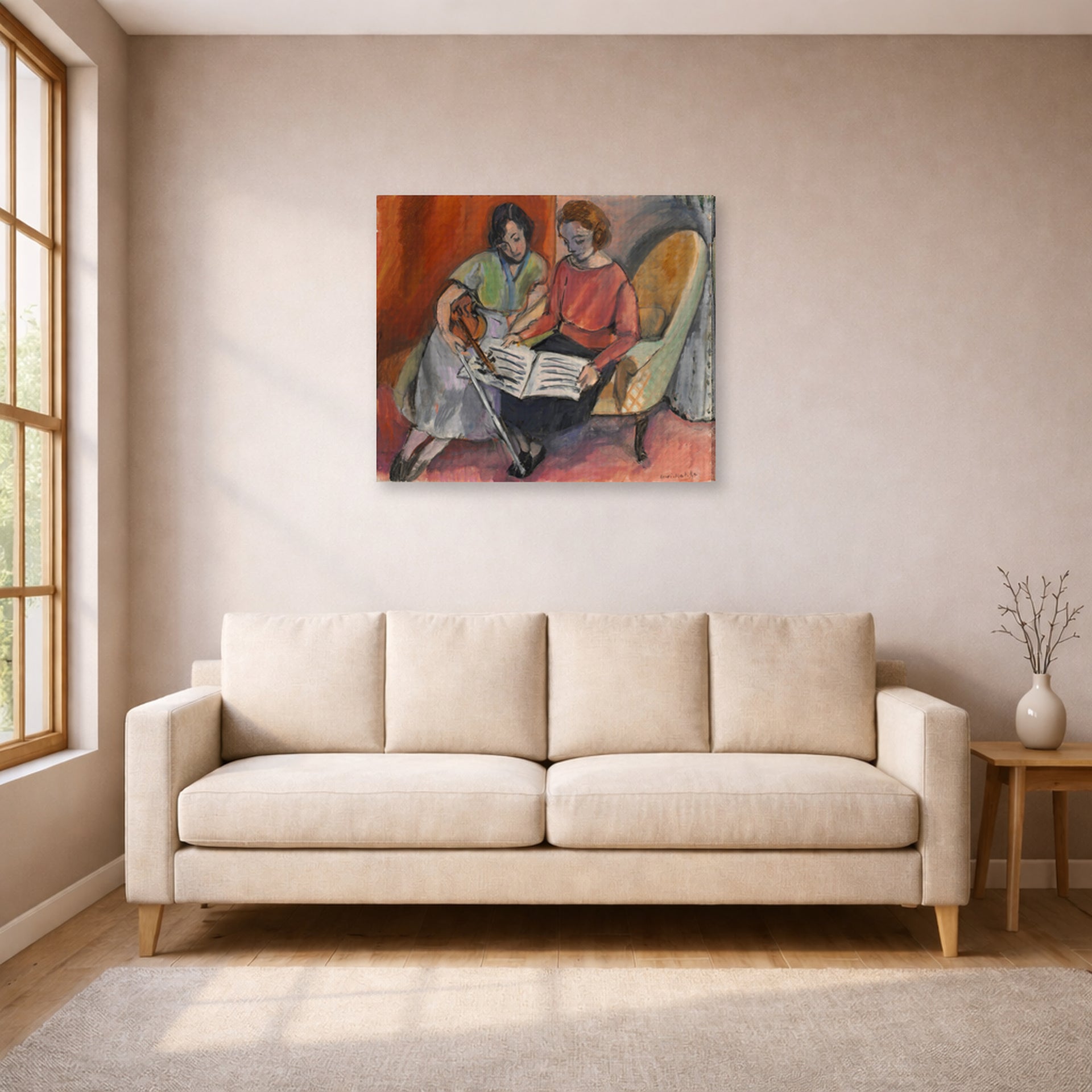 Gallery-wrapped canvas print of Henri Matisse's The Music Lesson, Two Women Seated on a Divan hanging in a living room, view 1