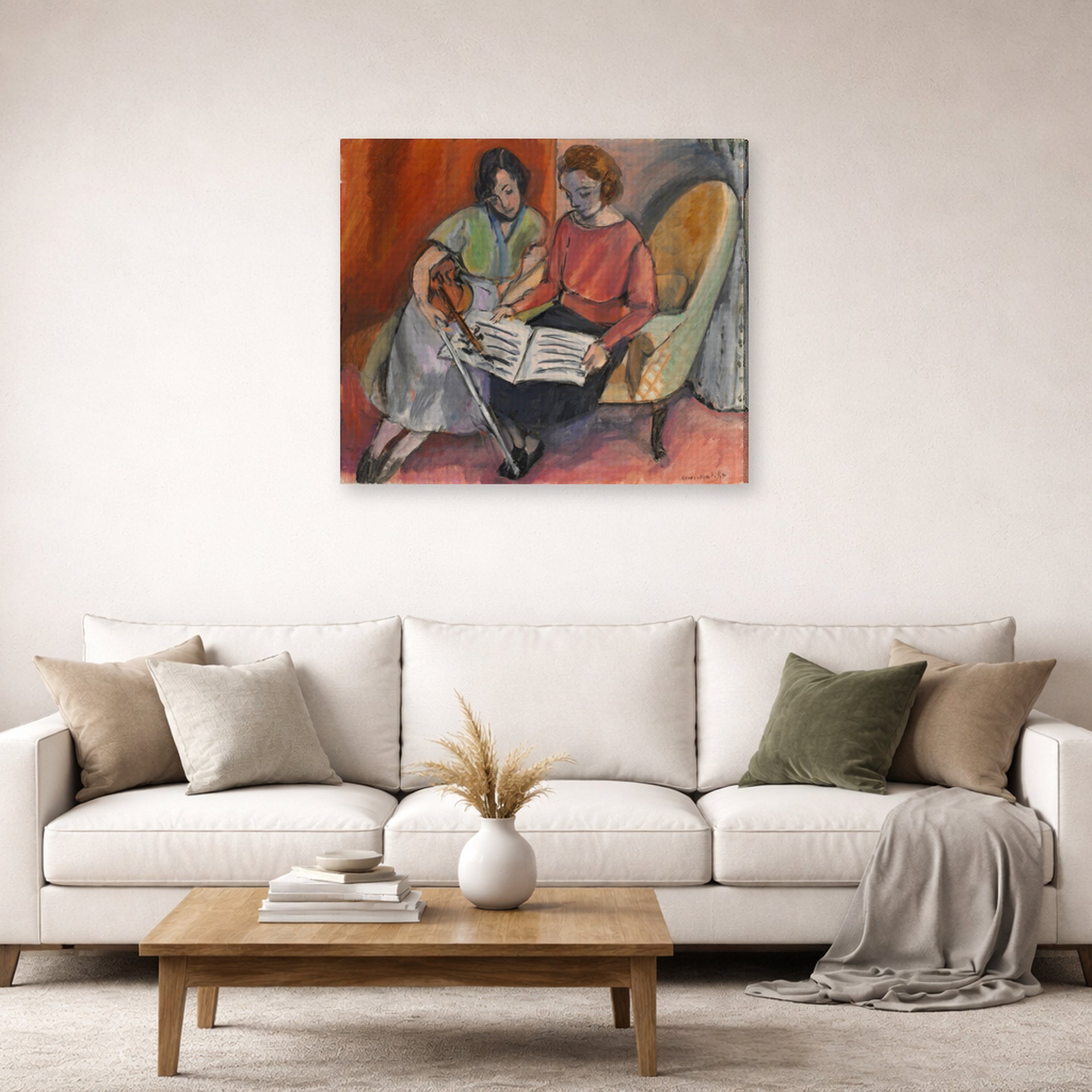 Gallery-wrapped canvas print of Henri Matisse's The Music Lesson, Two Women Seated on a Divan hanging in a living room, view 2