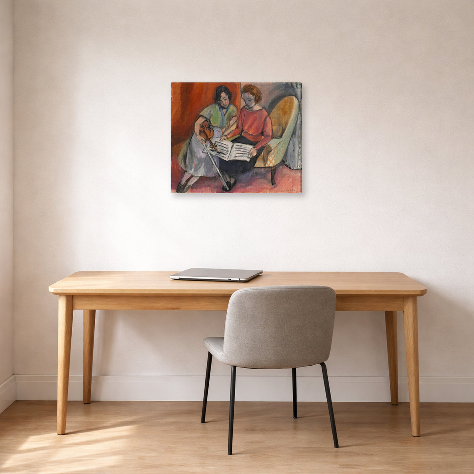 Gallery-wrapped canvas print of Henri Matisse's The Music Lesson, Two Women Seated on a Divan hanging in a home office