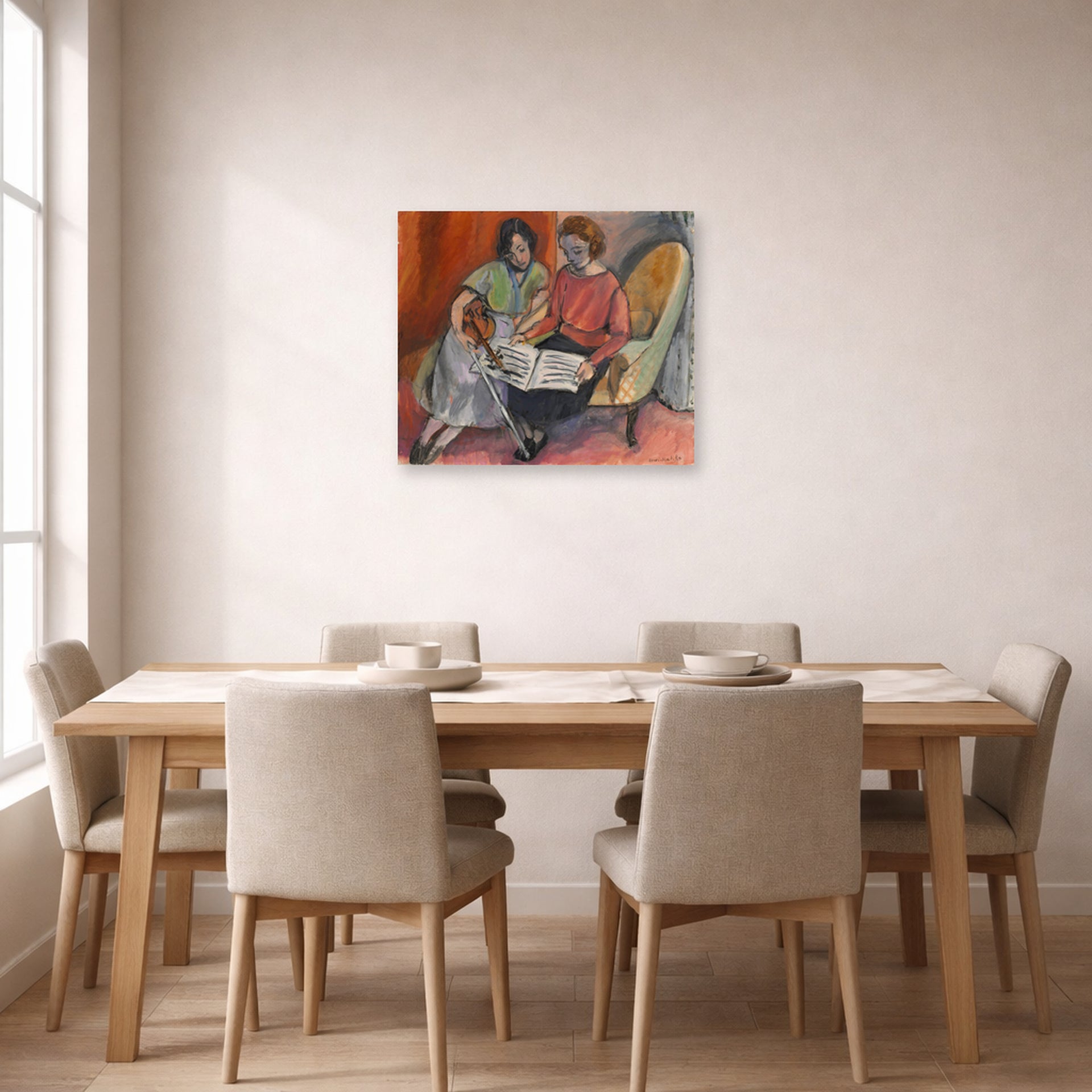Unframed poster print of Henri Matisse's The Music Lesson, Two Women Seated on a Divan displayed on a dining room wall