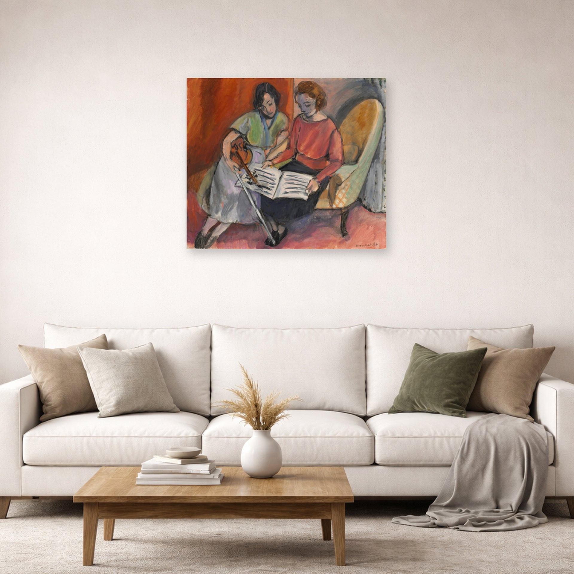 Unframed poster print of Henri Matisse's The Music Lesson, Two Women Seated on a Divan displayed in a living room, view 2