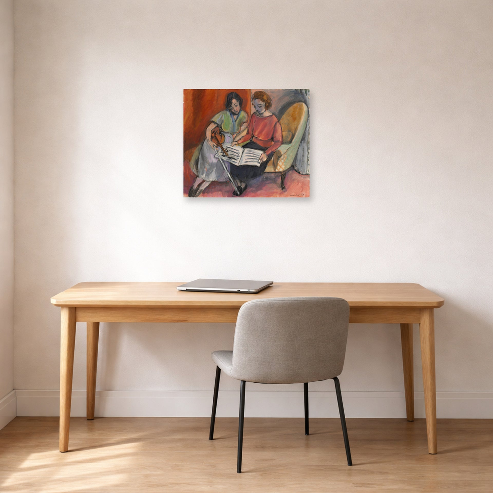 Unframed poster print of Henri Matisse's The Music Lesson, Two Women Seated on a Divan displayed in a home office