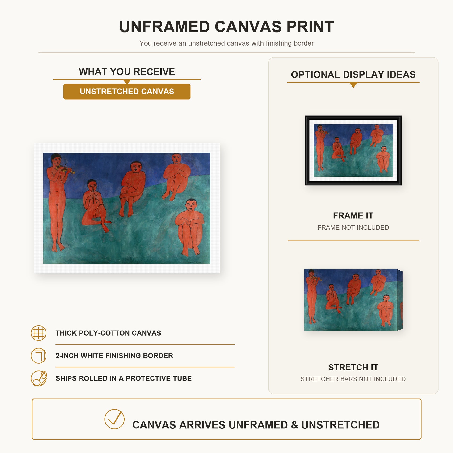 Henri Matisse - The Music canvas print size comparison and framing display infographic
