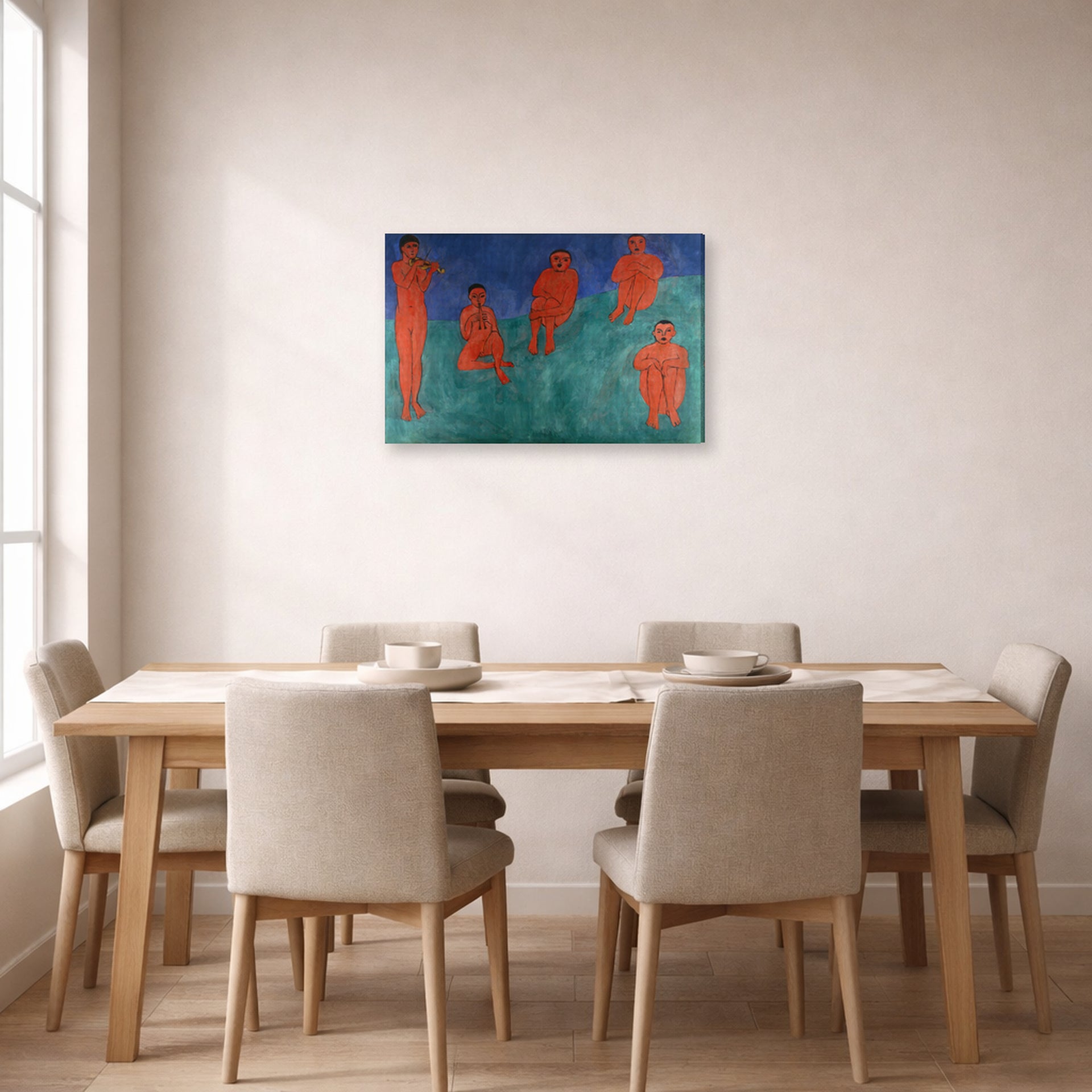 Gallery-wrapped canvas print of Henri Matisse's The Music hanging on a dining room wall
