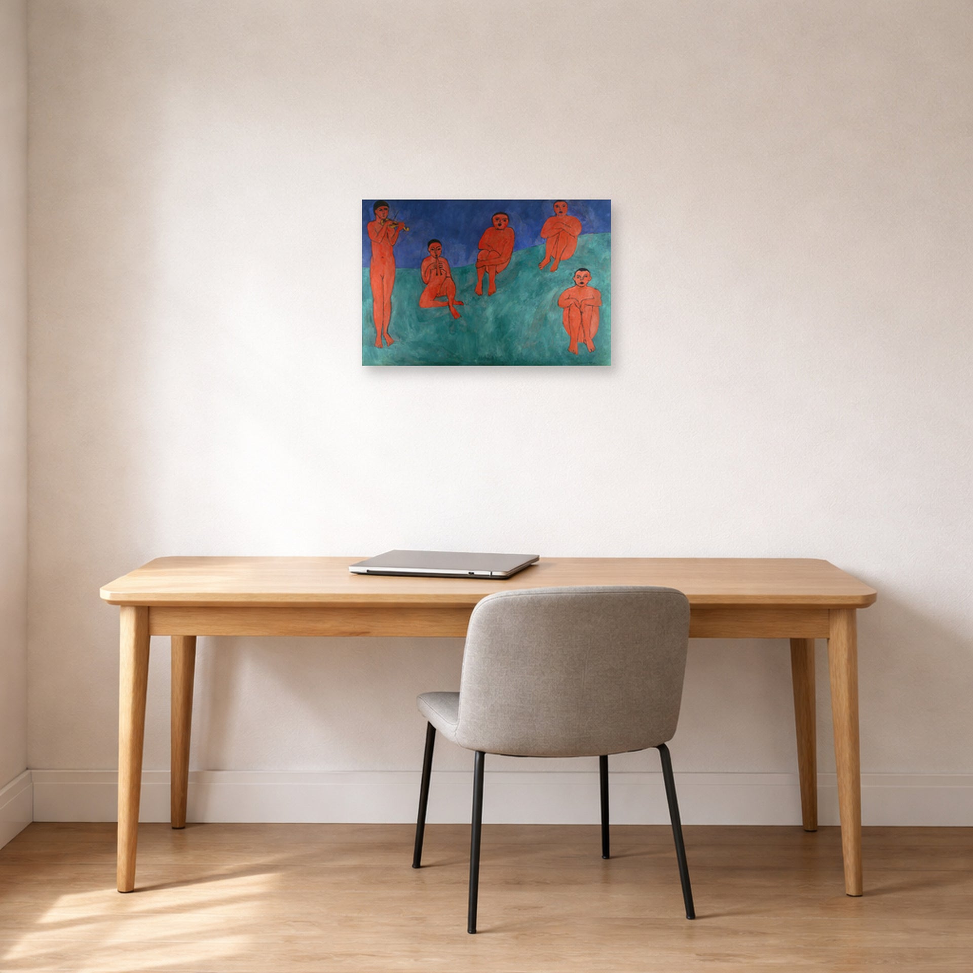 Unframed poster print of Henri Matisse's The Music displayed in a home office