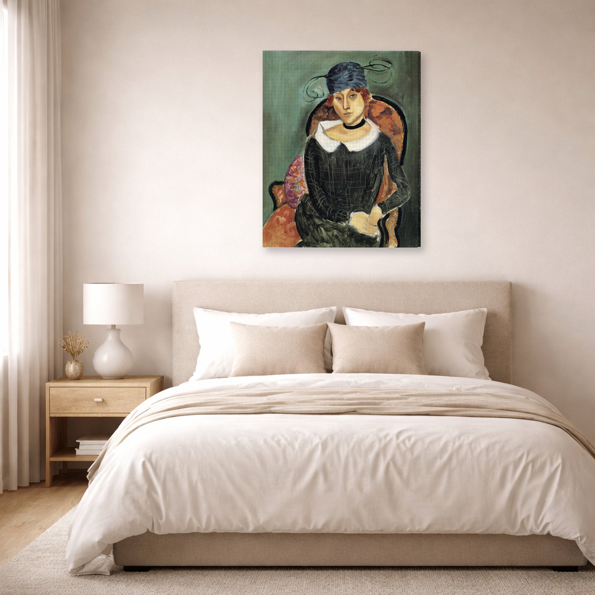 Gallery-wrapped canvas print of Henri Matisse's The Ostrich-feather Hat hanging above a bed in a bedroom
