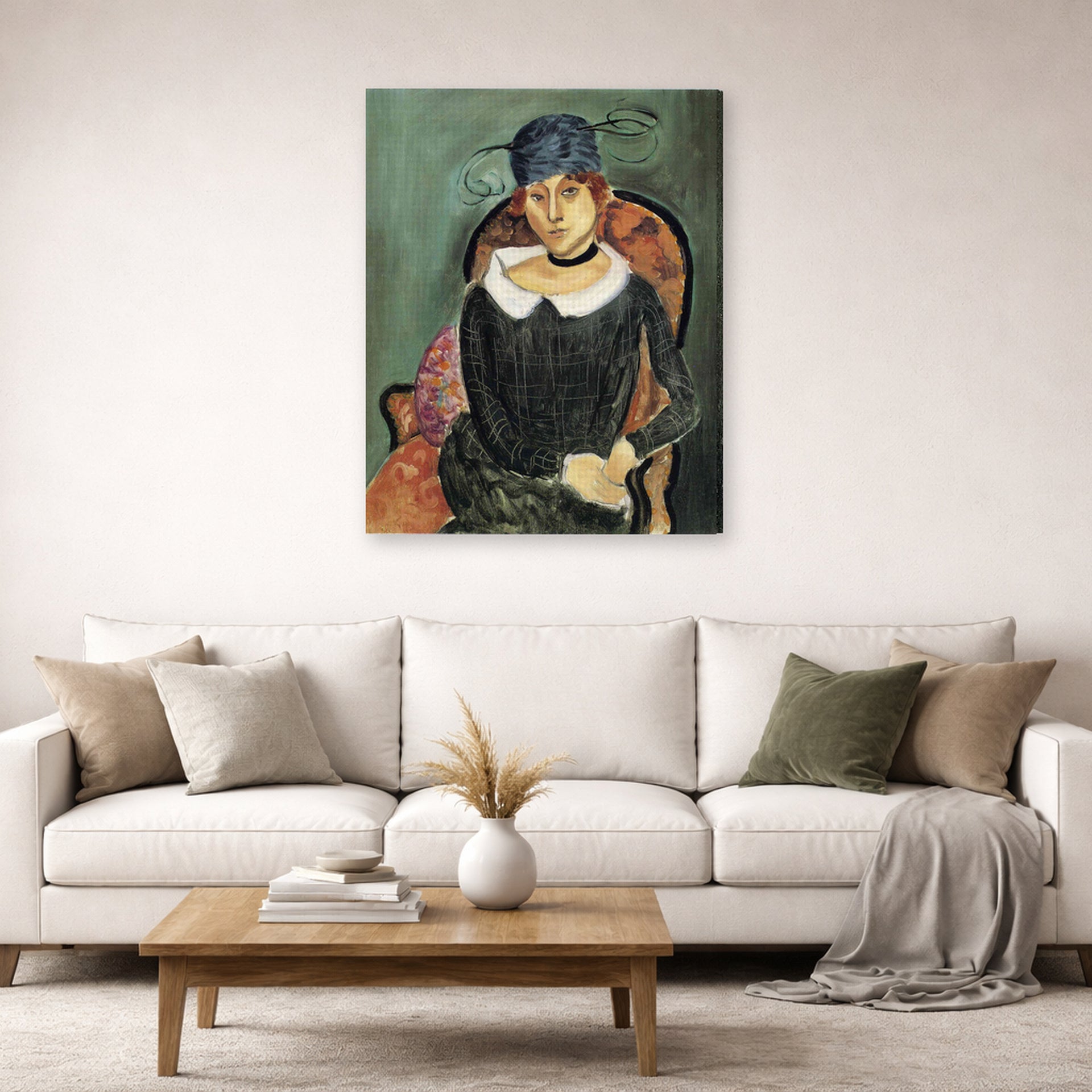 Gallery-wrapped canvas print of Henri Matisse's The Ostrich-feather Hat hanging in a living room, view 2