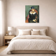 Unframed poster print of Henri Matisse's The Ostrich-feather Hat displayed above a bed in a bedroom
