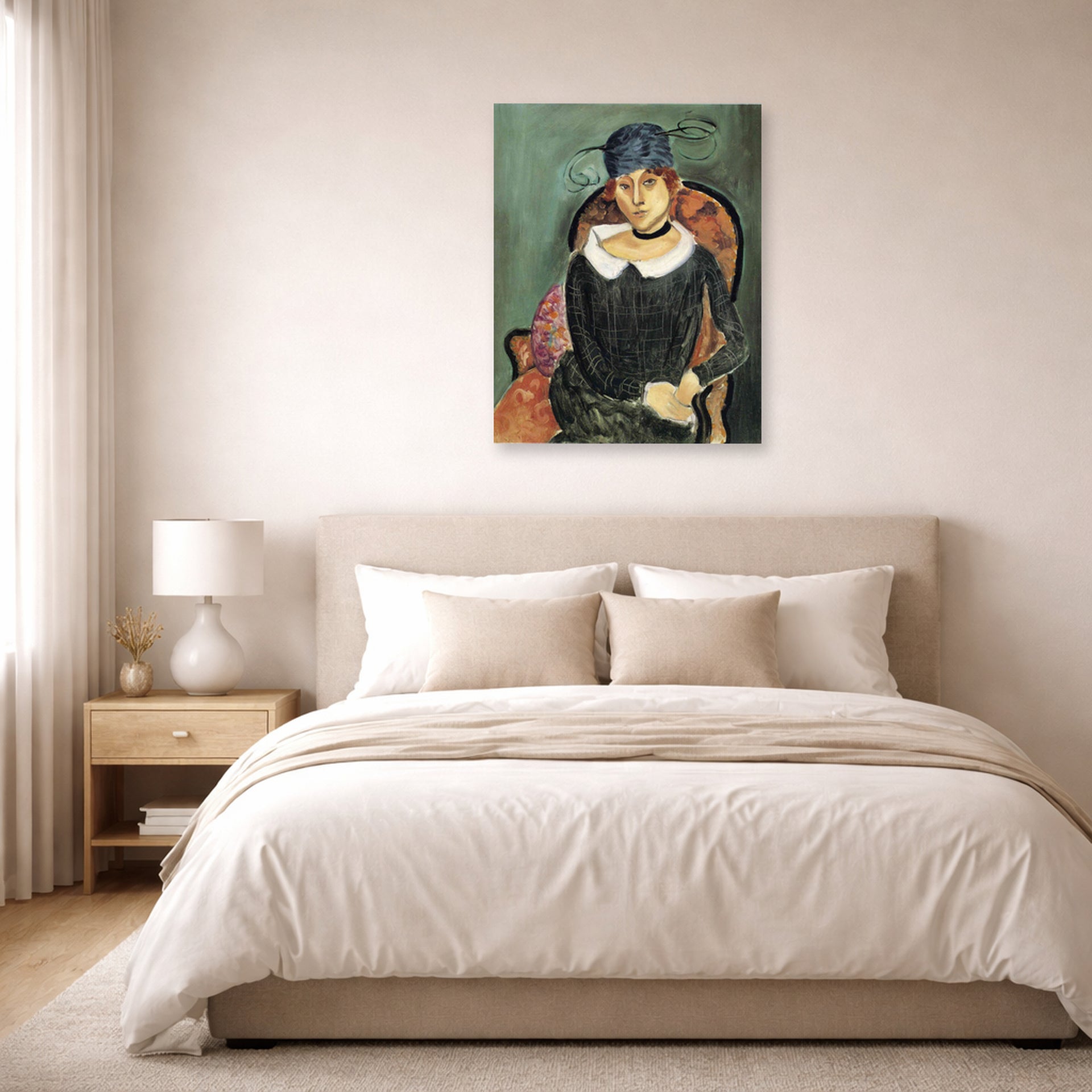 Unframed poster print of Henri Matisse's The Ostrich-feather Hat displayed above a bed in a bedroom