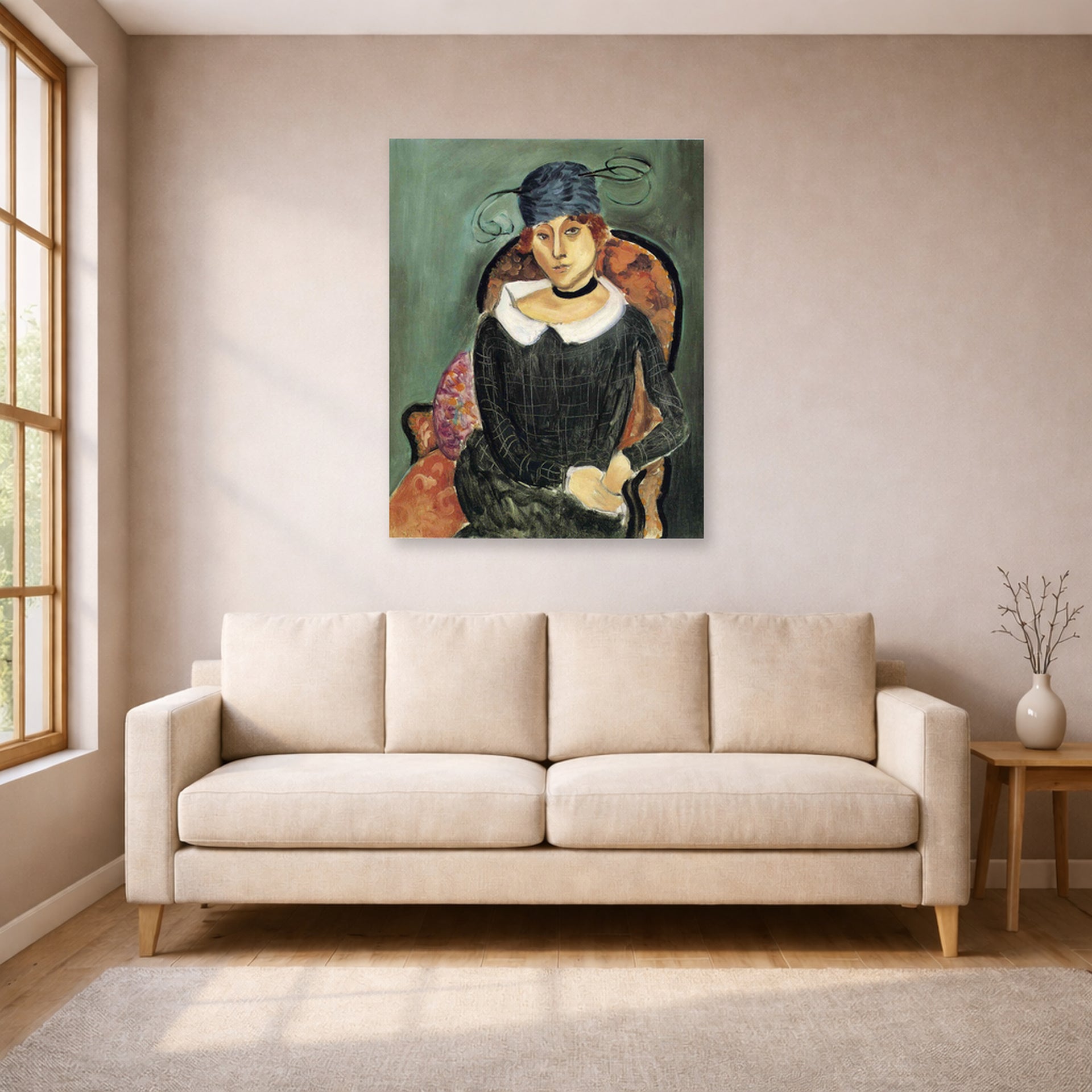 Unframed poster print of Henri Matisse's The Ostrich-feather Hat displayed in a living room, view 1
