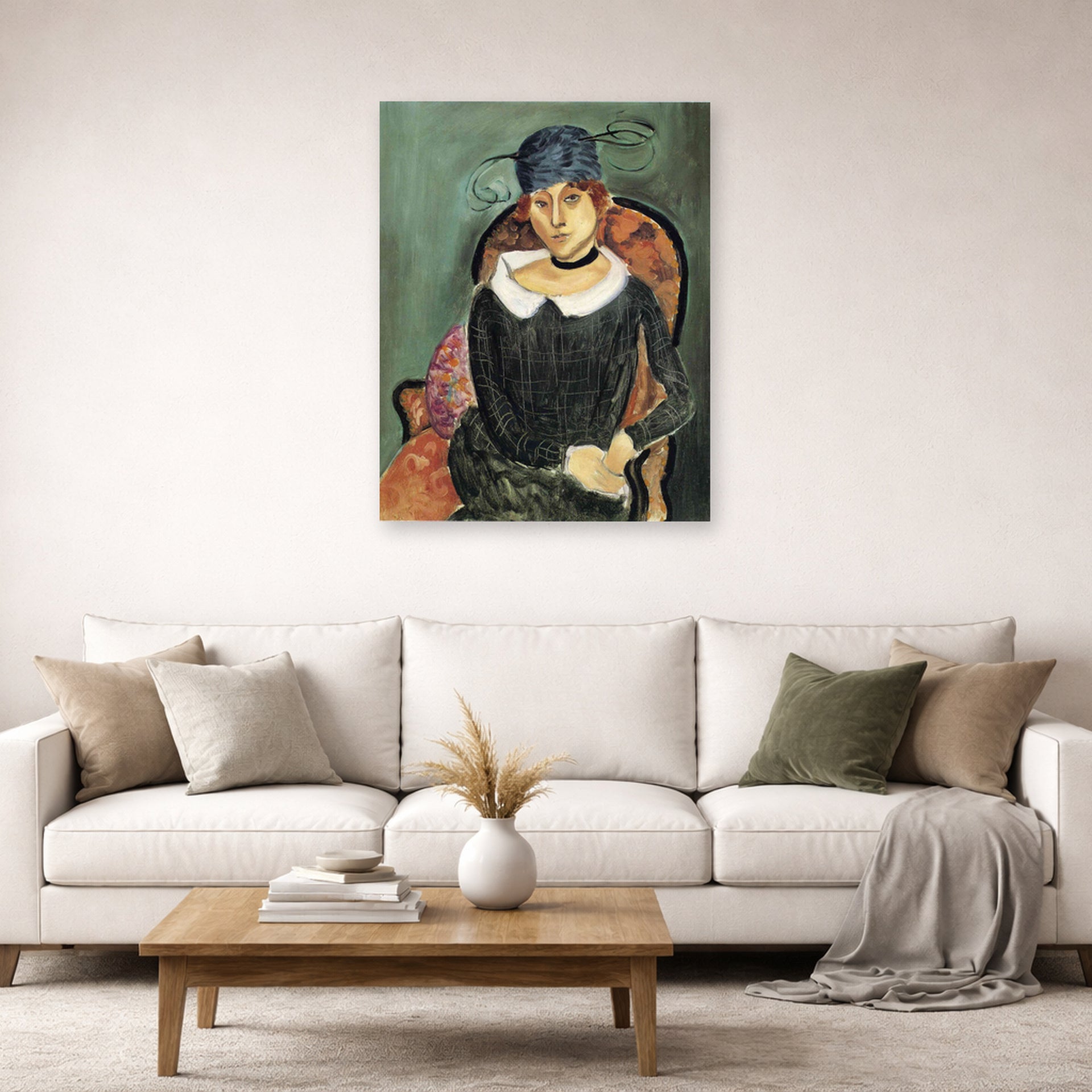 Unframed poster print of Henri Matisse's The Ostrich-feather Hat displayed in a living room, view 2