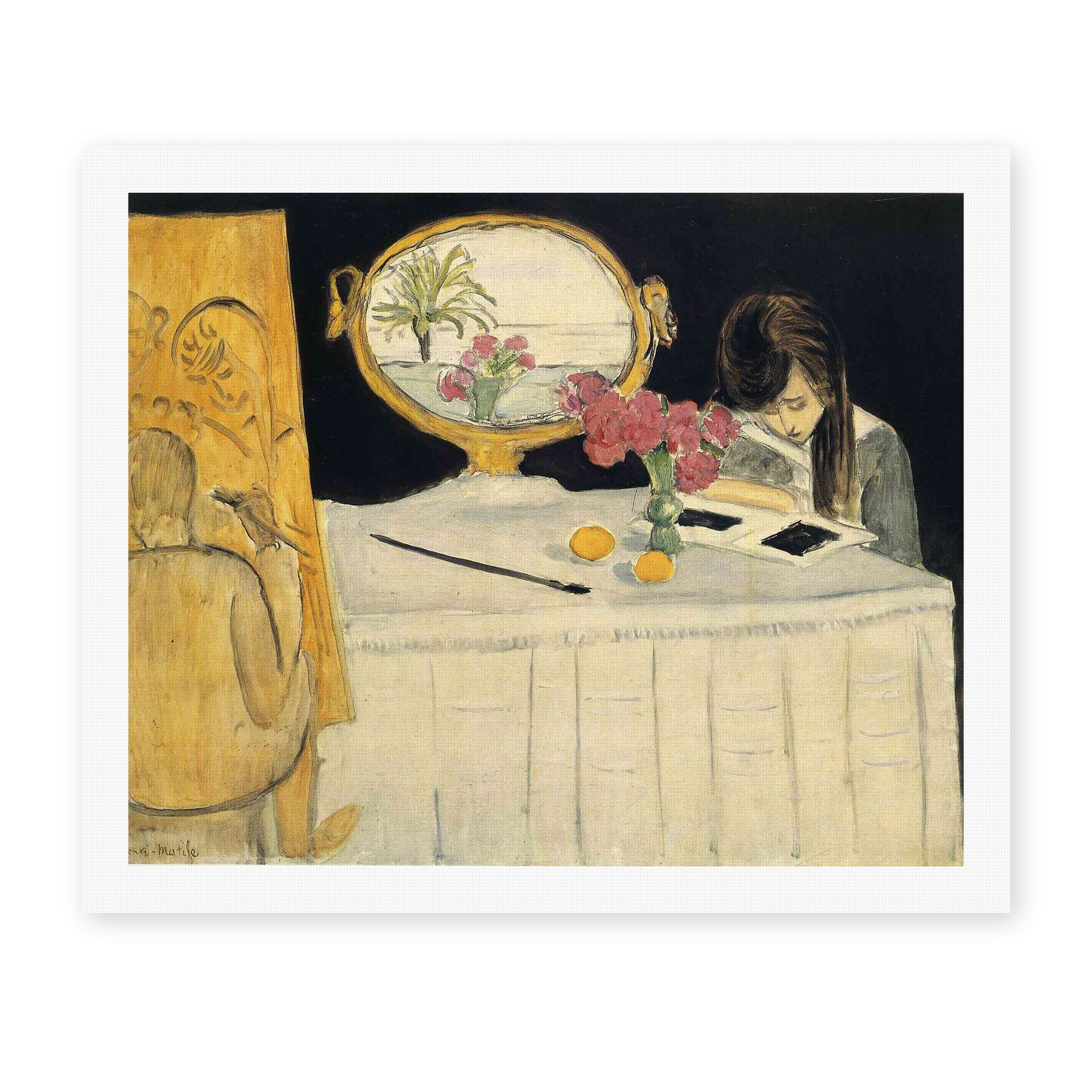 Henri Matisse's The Painting Lesson painting reproduced as a rolled canvas print