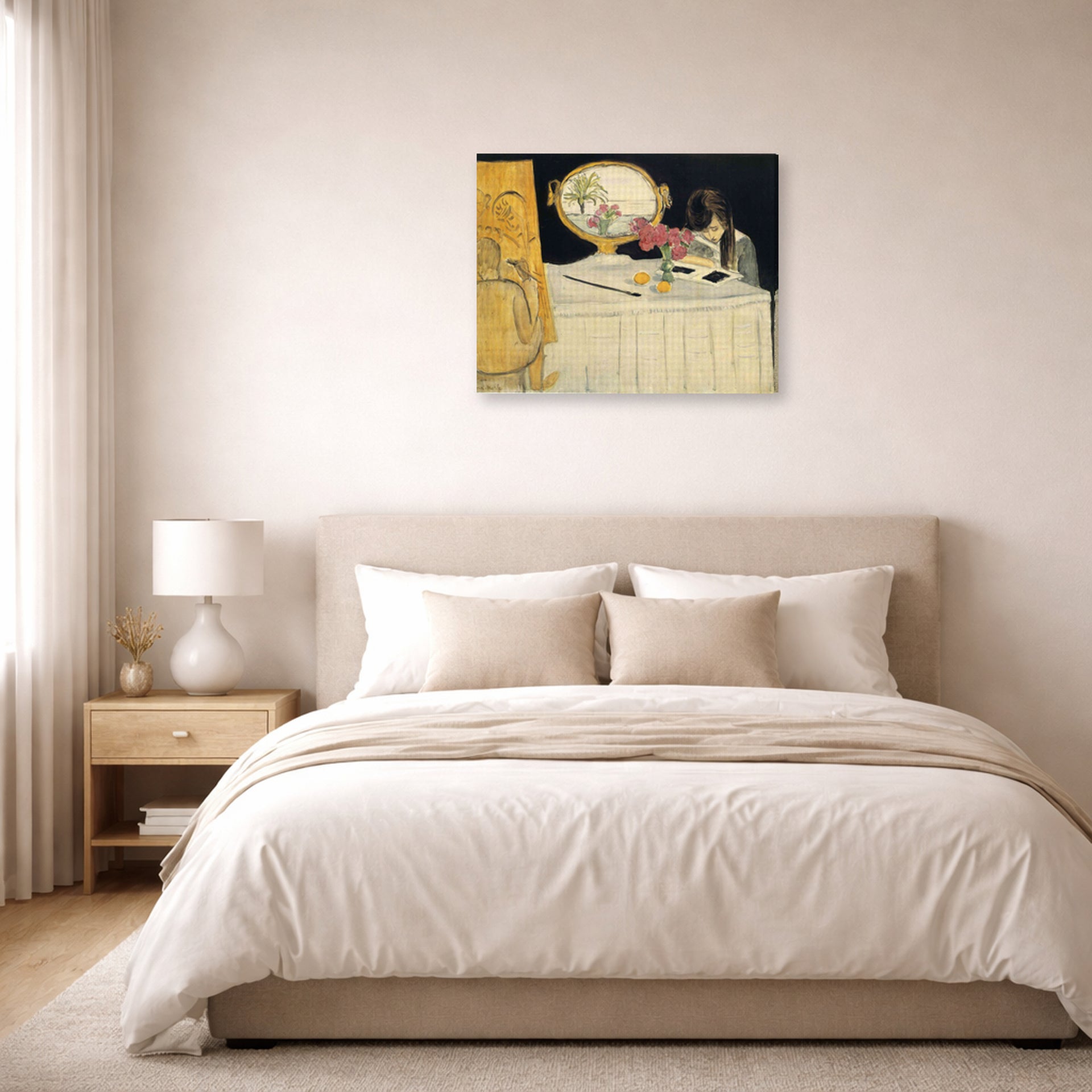 Gallery-wrapped canvas print of Henri Matisse's The Painting Lesson hanging above a bed in a bedroom