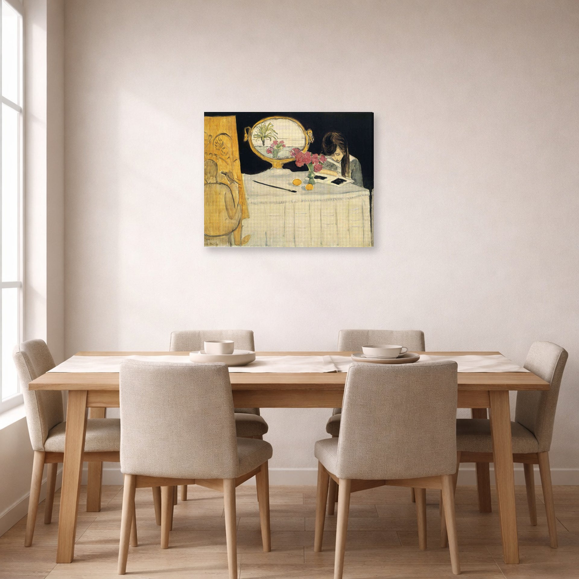 Gallery-wrapped canvas print of Henri Matisse's The Painting Lesson hanging on a dining room wall