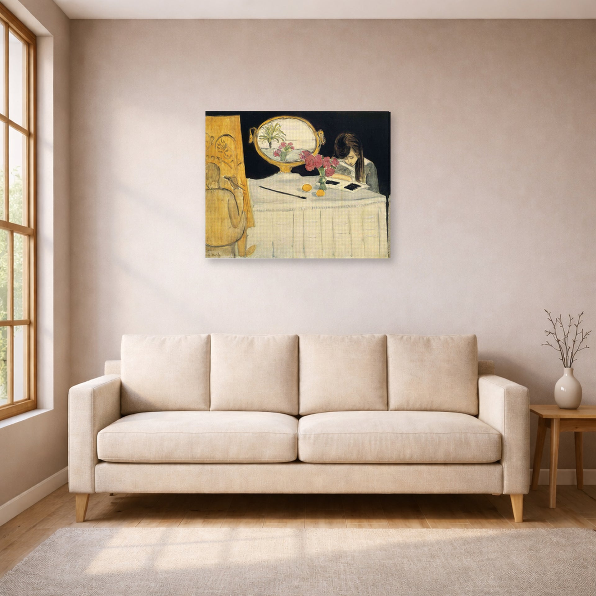 Gallery-wrapped canvas print of Henri Matisse's The Painting Lesson hanging in a living room, view 1