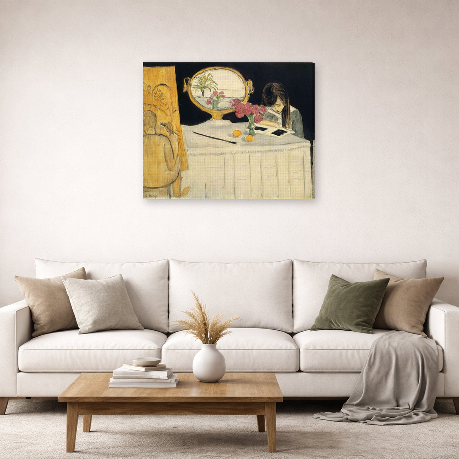 Gallery-wrapped canvas print of Henri Matisse's The Painting Lesson hanging in a living room, view 2