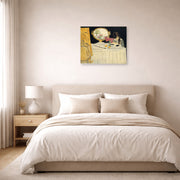 Unframed poster print of Henri Matisse's The Painting Lesson displayed above a bed in a bedroom