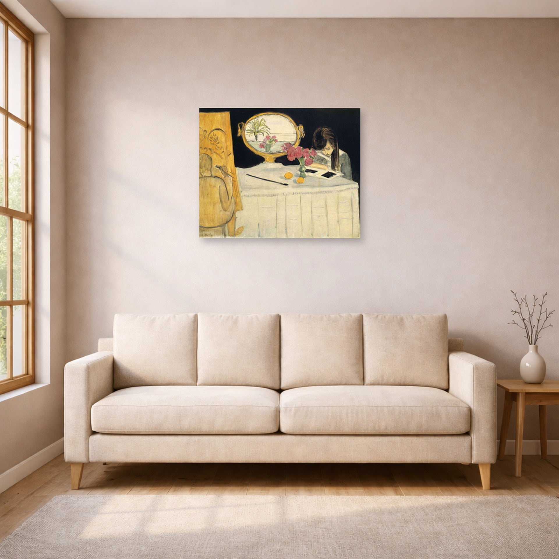 Unframed poster print of Henri Matisse's The Painting Lesson displayed in a living room, view 1