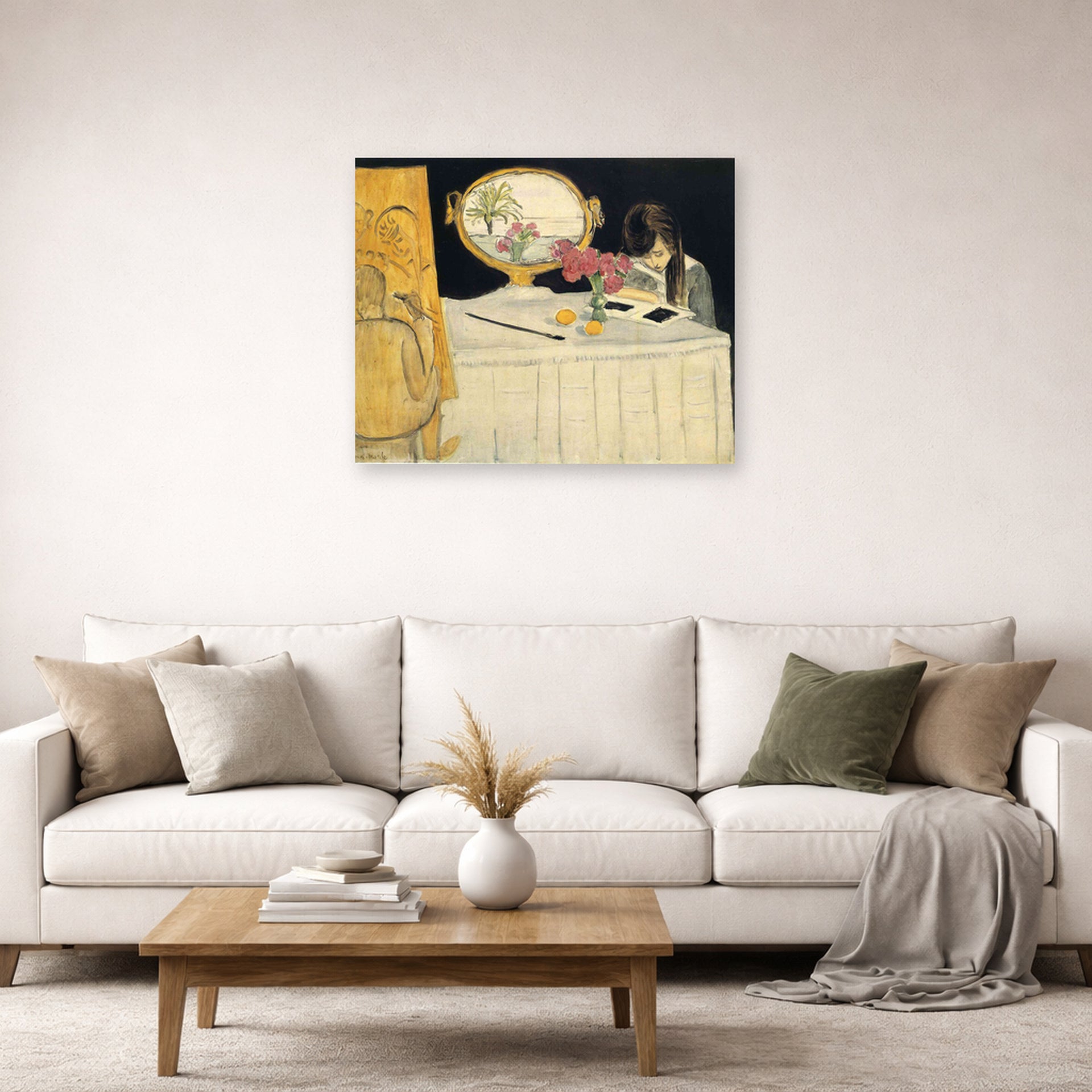 Unframed poster print of Henri Matisse's The Painting Lesson displayed in a living room, view 2