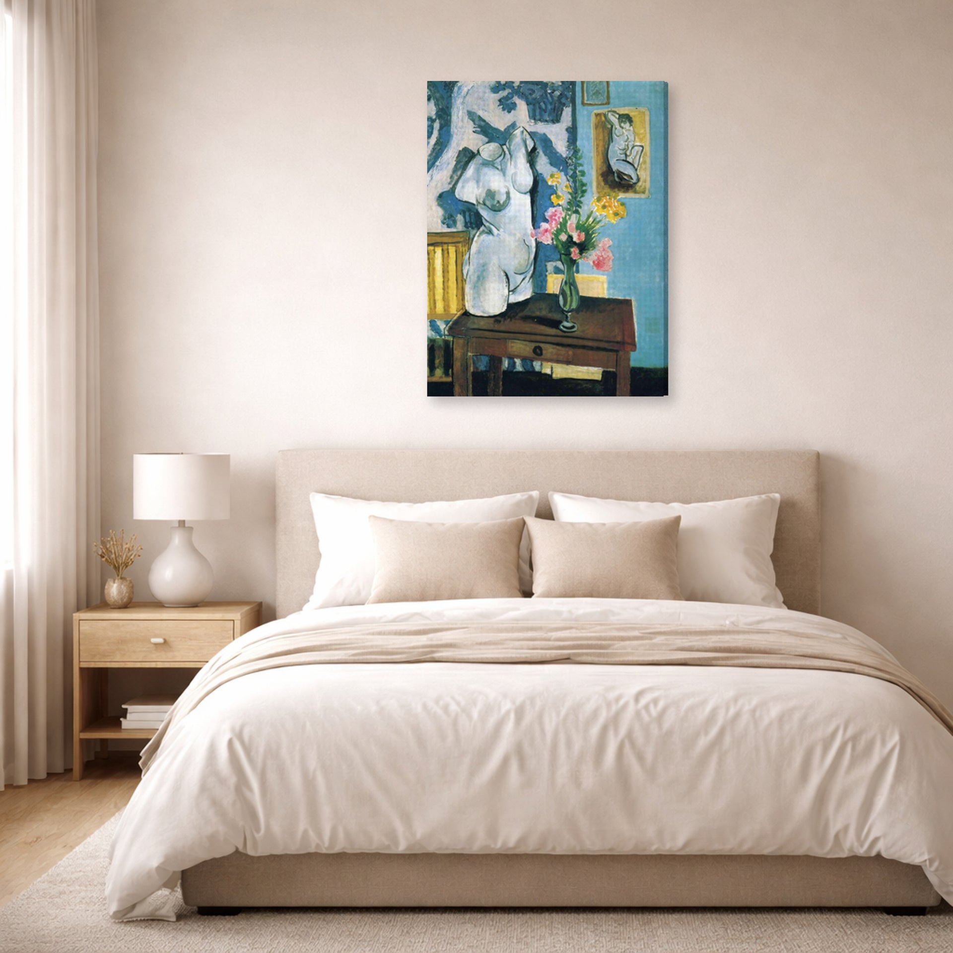 Gallery-wrapped canvas print of Henri Matisse's The Plaster Torso hanging above a bed in a bedroom