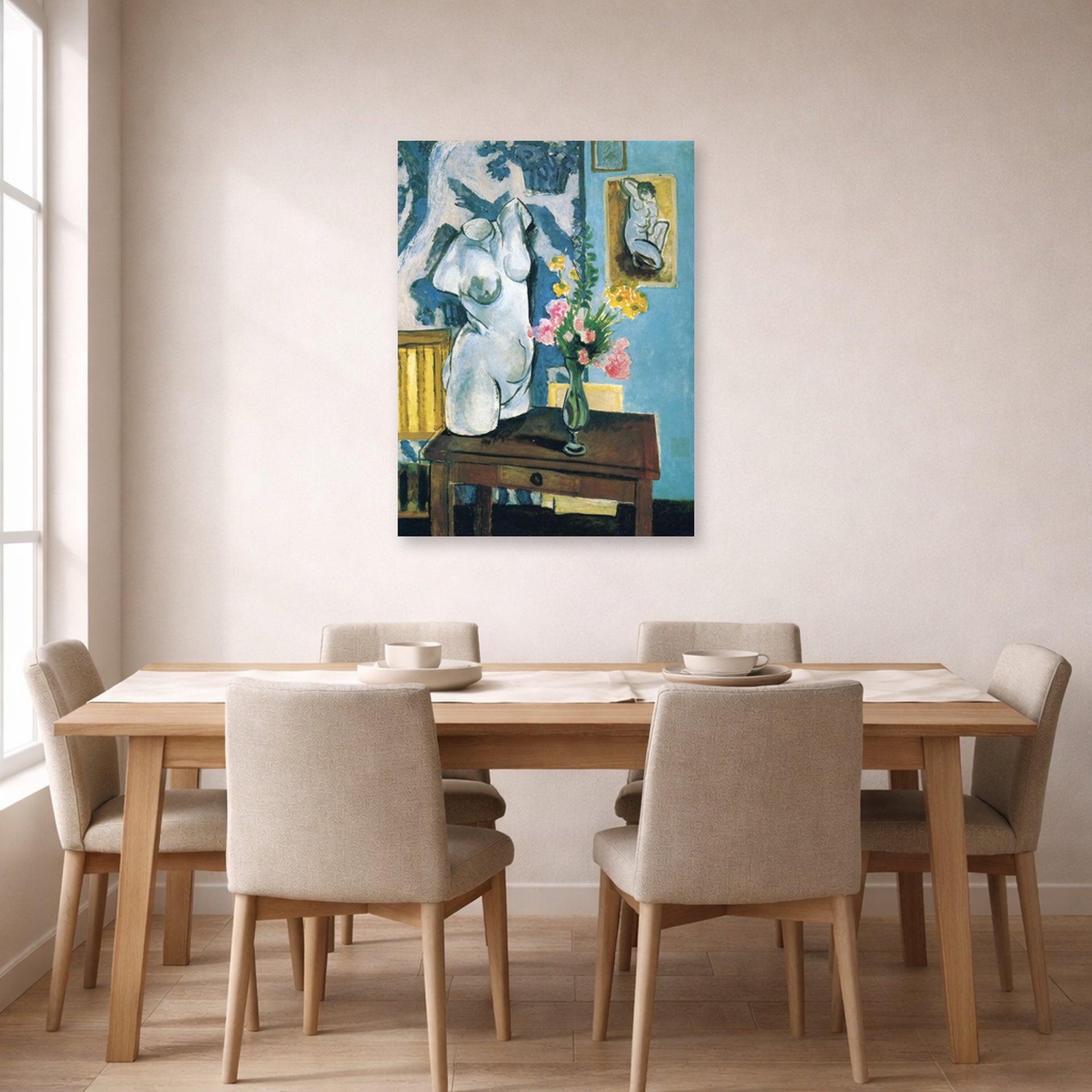 Unframed poster print of Henri Matisse's The Plaster Torso displayed on a dining room wall