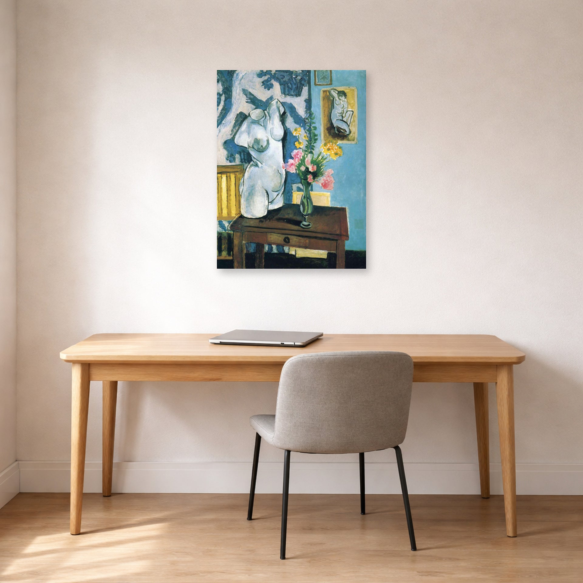 Unframed poster print of Henri Matisse's The Plaster Torso displayed in a home office