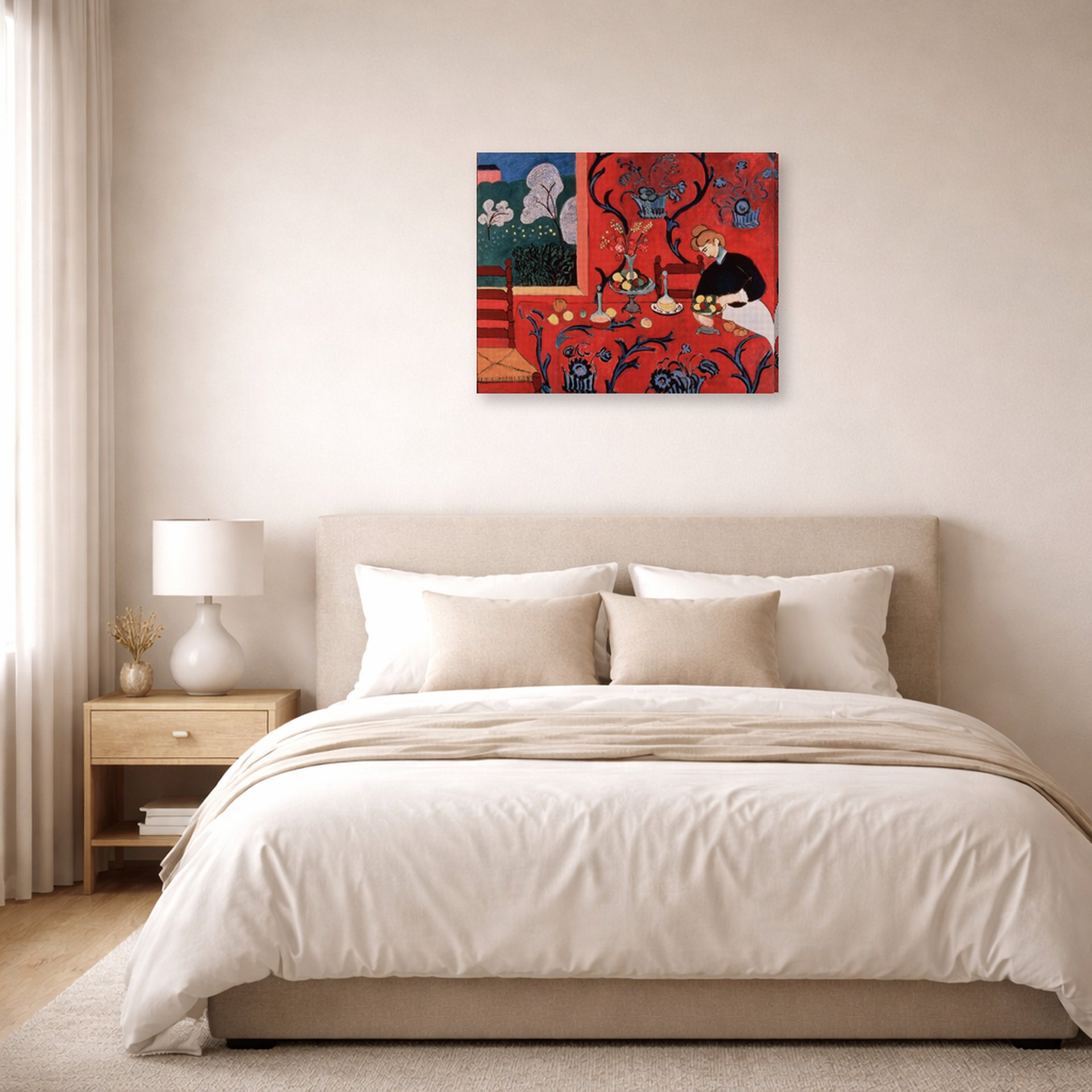 Gallery-wrapped canvas print of Henri Matisse's The Red Room (Harmony in Red) hanging above a bed in a bedroom