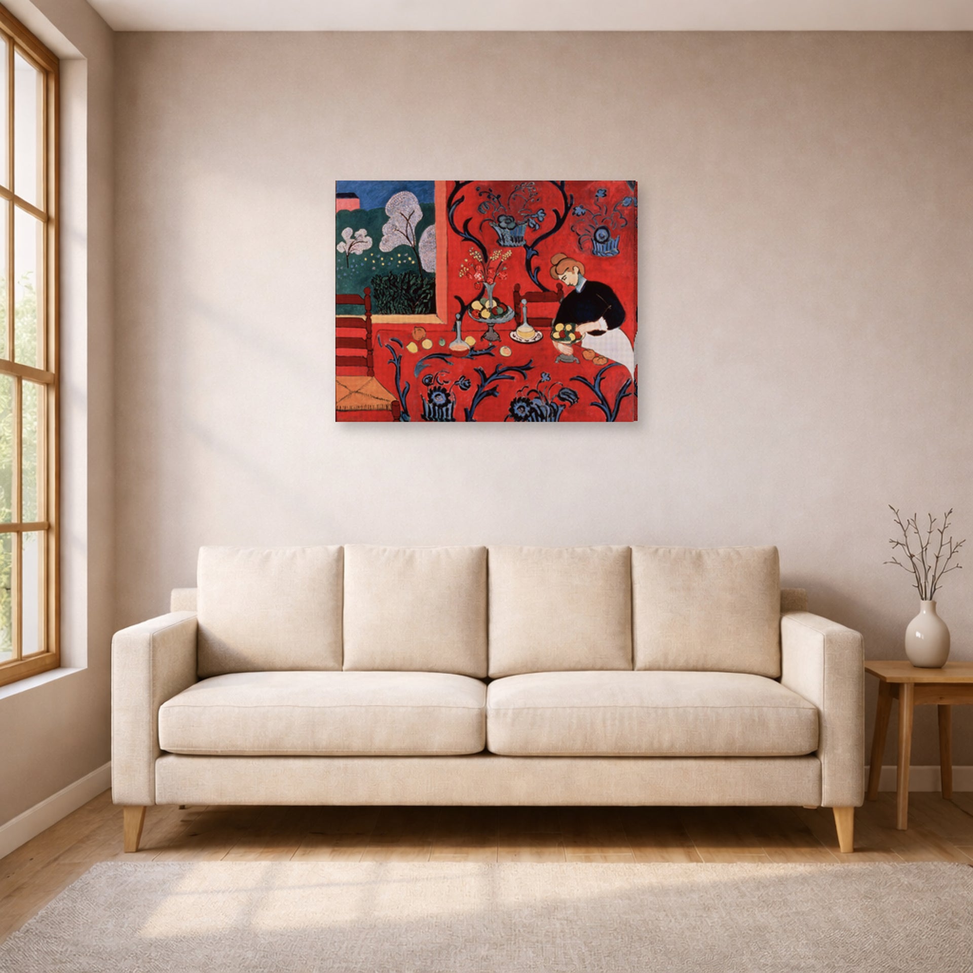 Gallery-wrapped canvas print of Henri Matisse's The Red Room (Harmony in Red) hanging in a living room, view 1