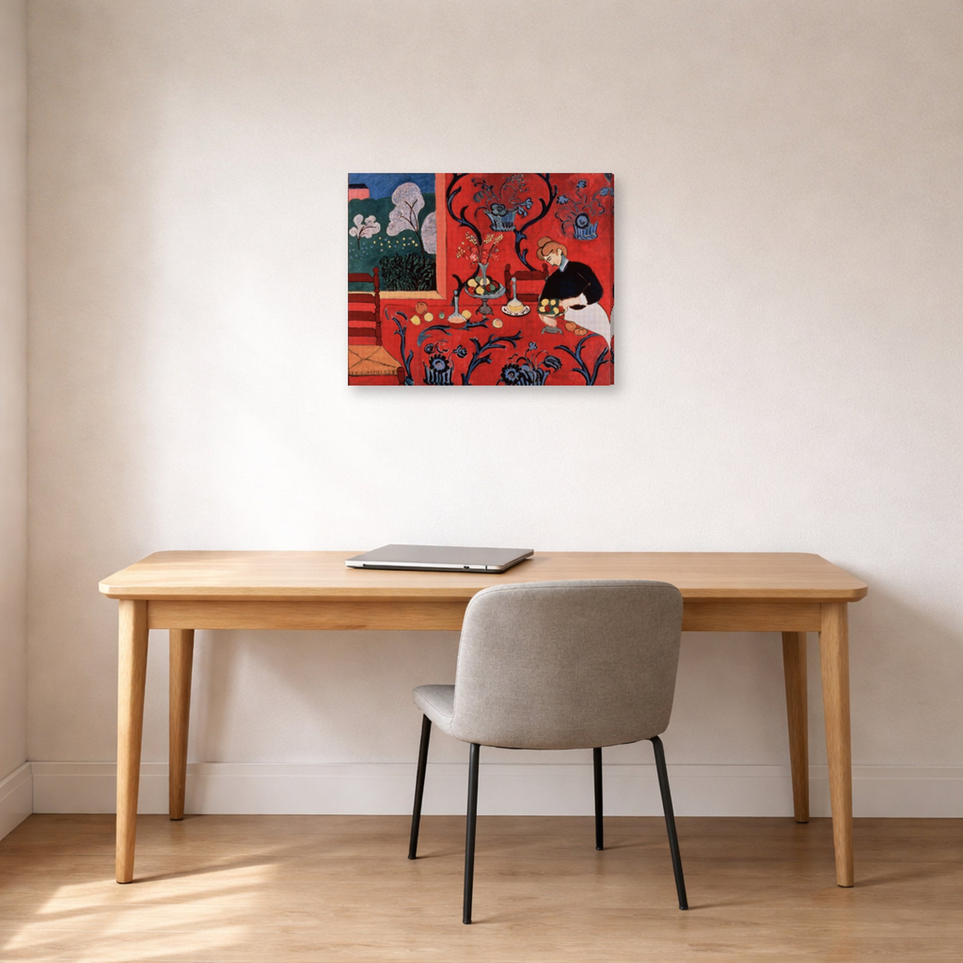 Gallery-wrapped canvas print of Henri Matisse's The Red Room (Harmony in Red) hanging in a home office