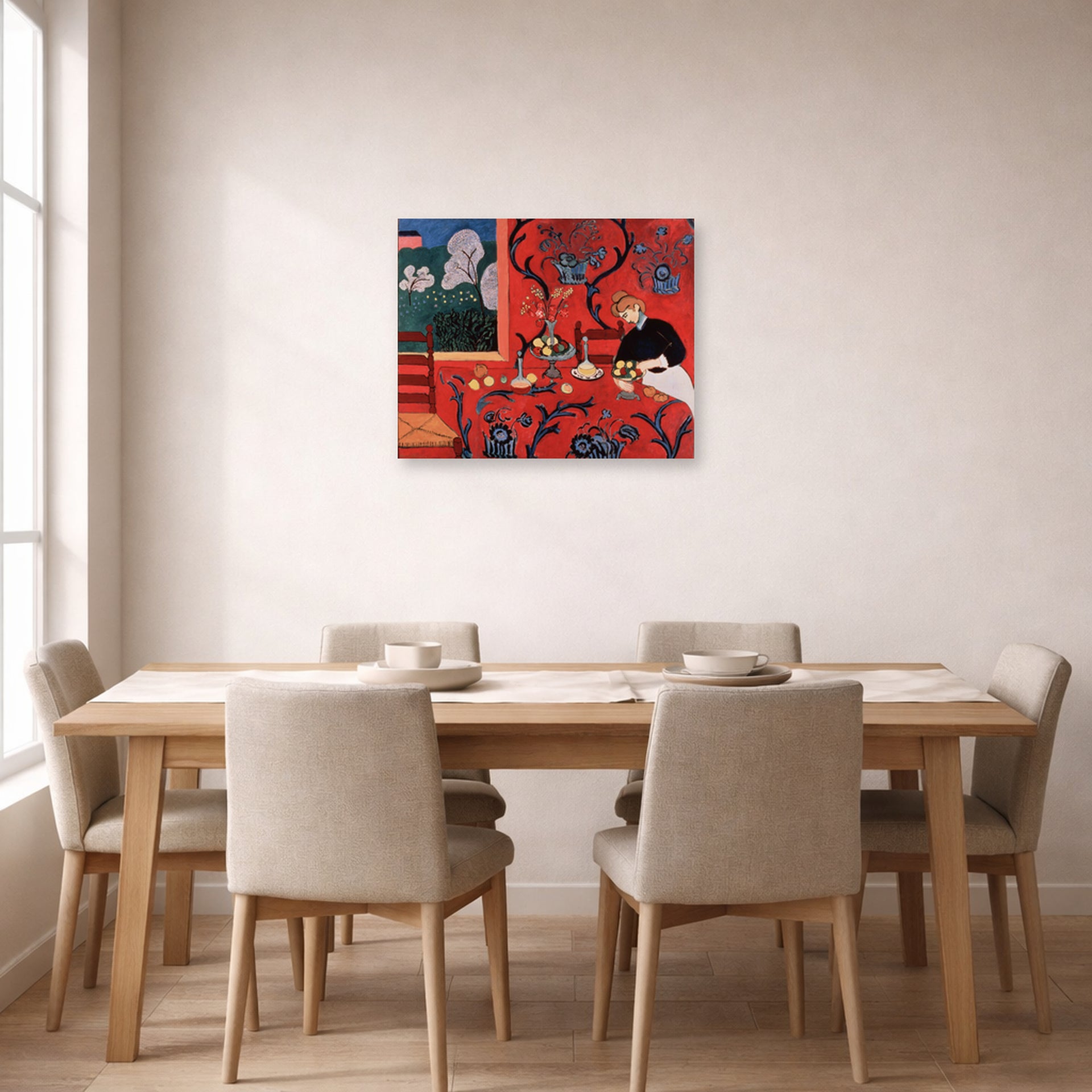 Unframed poster print of Henri Matisse's The Red Room (Harmony in Red) displayed on a dining room wall