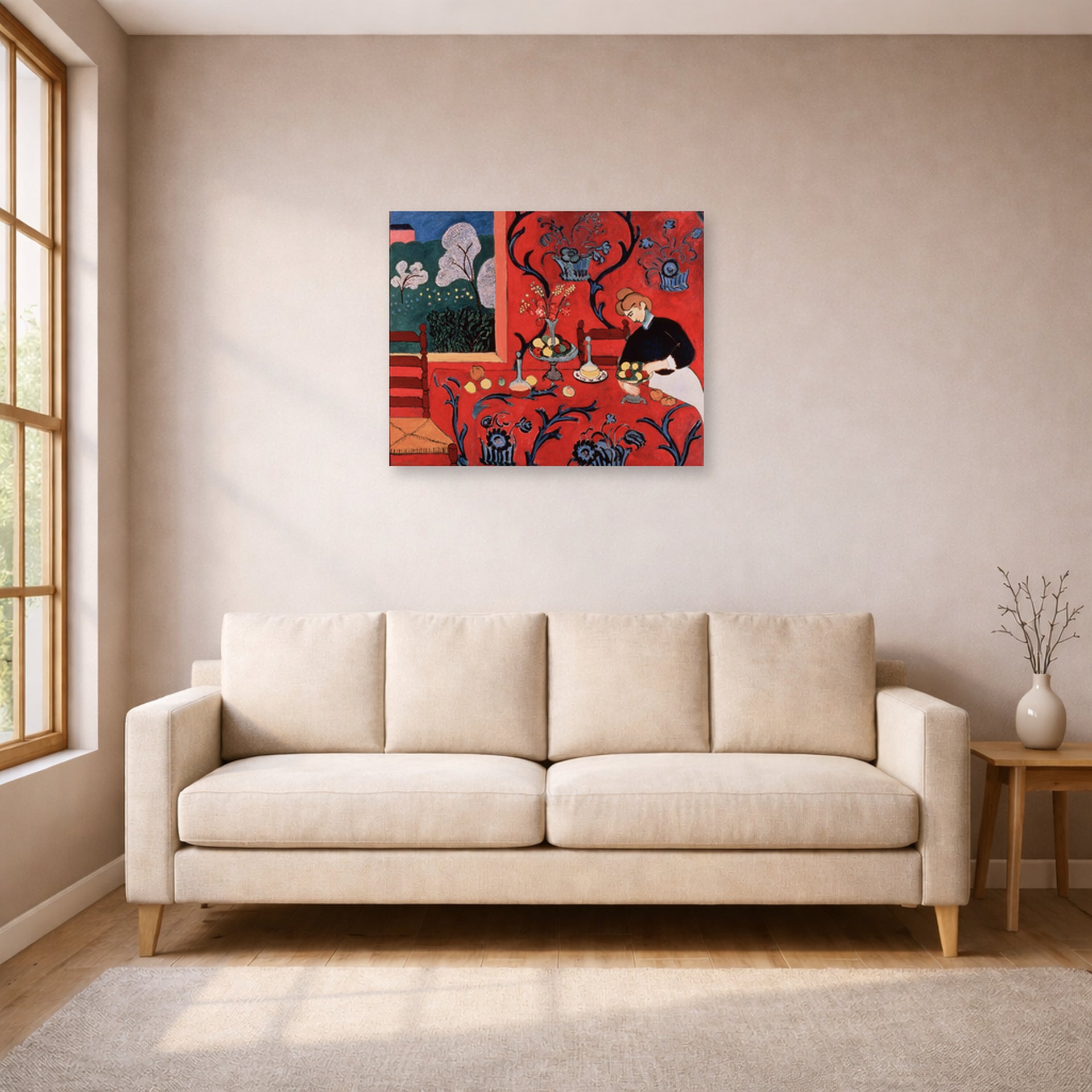 Unframed poster print of Henri Matisse's The Red Room (Harmony in Red) displayed in a living room, view 1