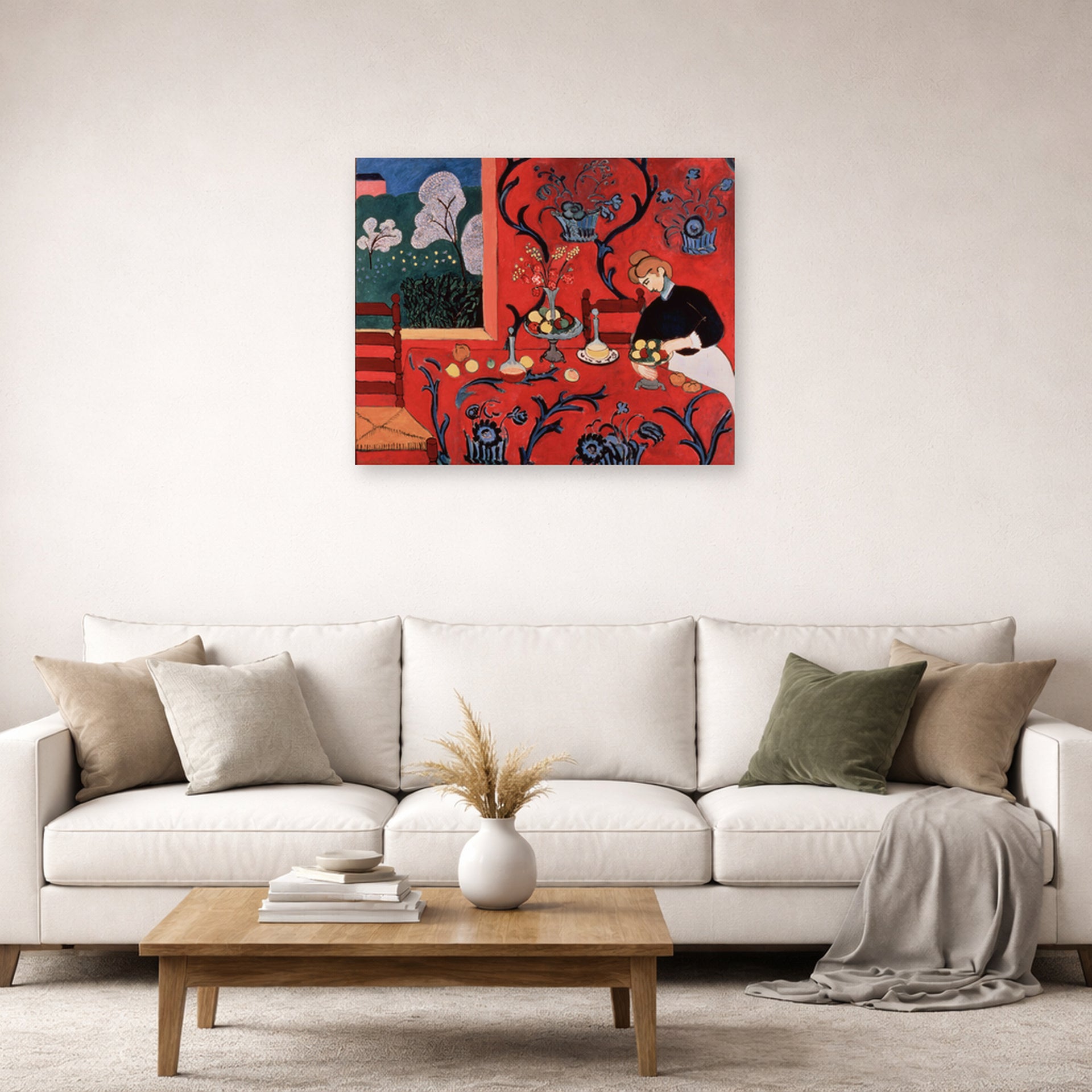 Unframed poster print of Henri Matisse's The Red Room (Harmony in Red) displayed in a living room, view 2
